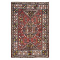 4x5.8 Ft Handmade Geometric Medallion Design Rug, Used Turkish Red Carpet