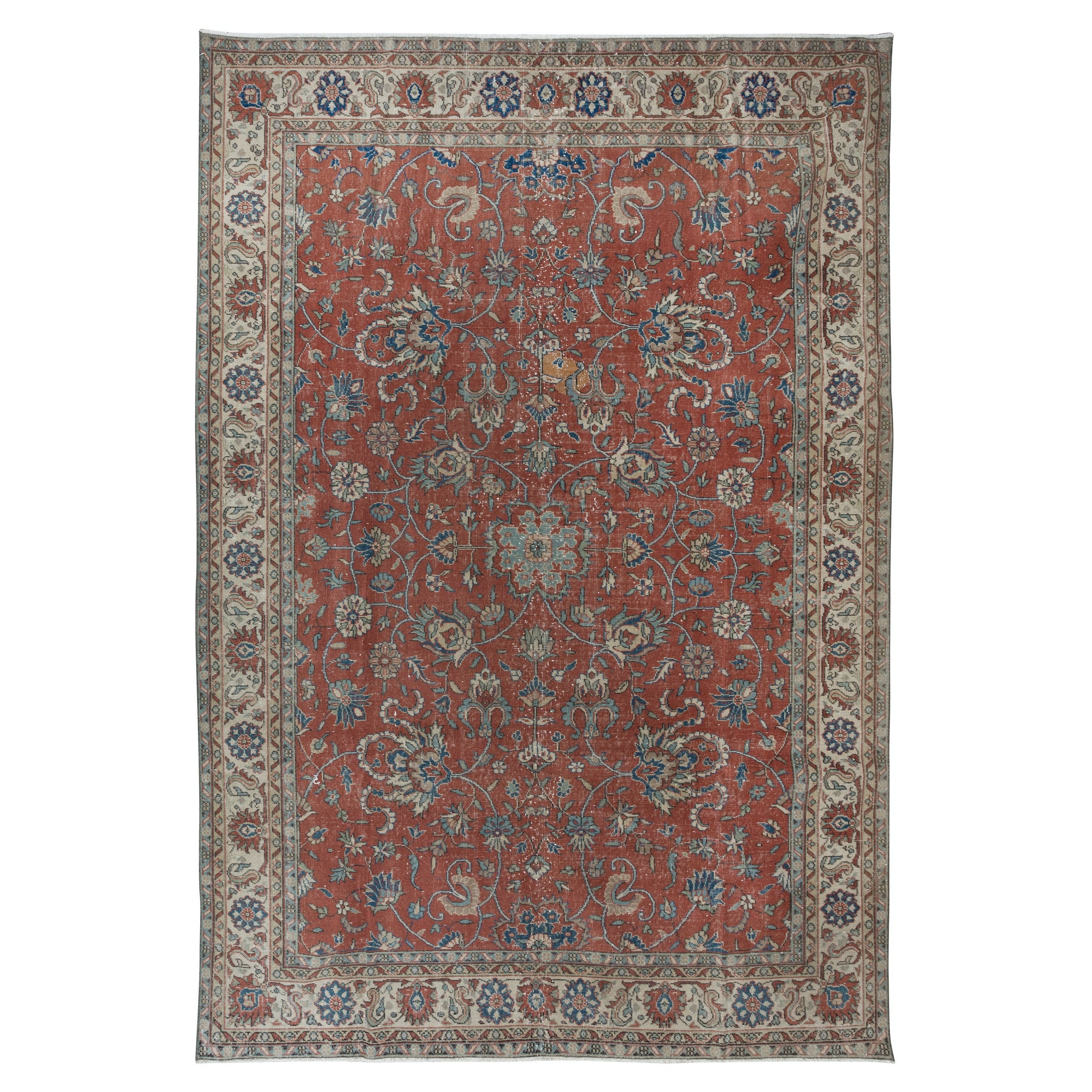 8x11.3 Ft Romantic Vintage Handmade Turkish Botanical Design Rug in Red & Beige For Sale