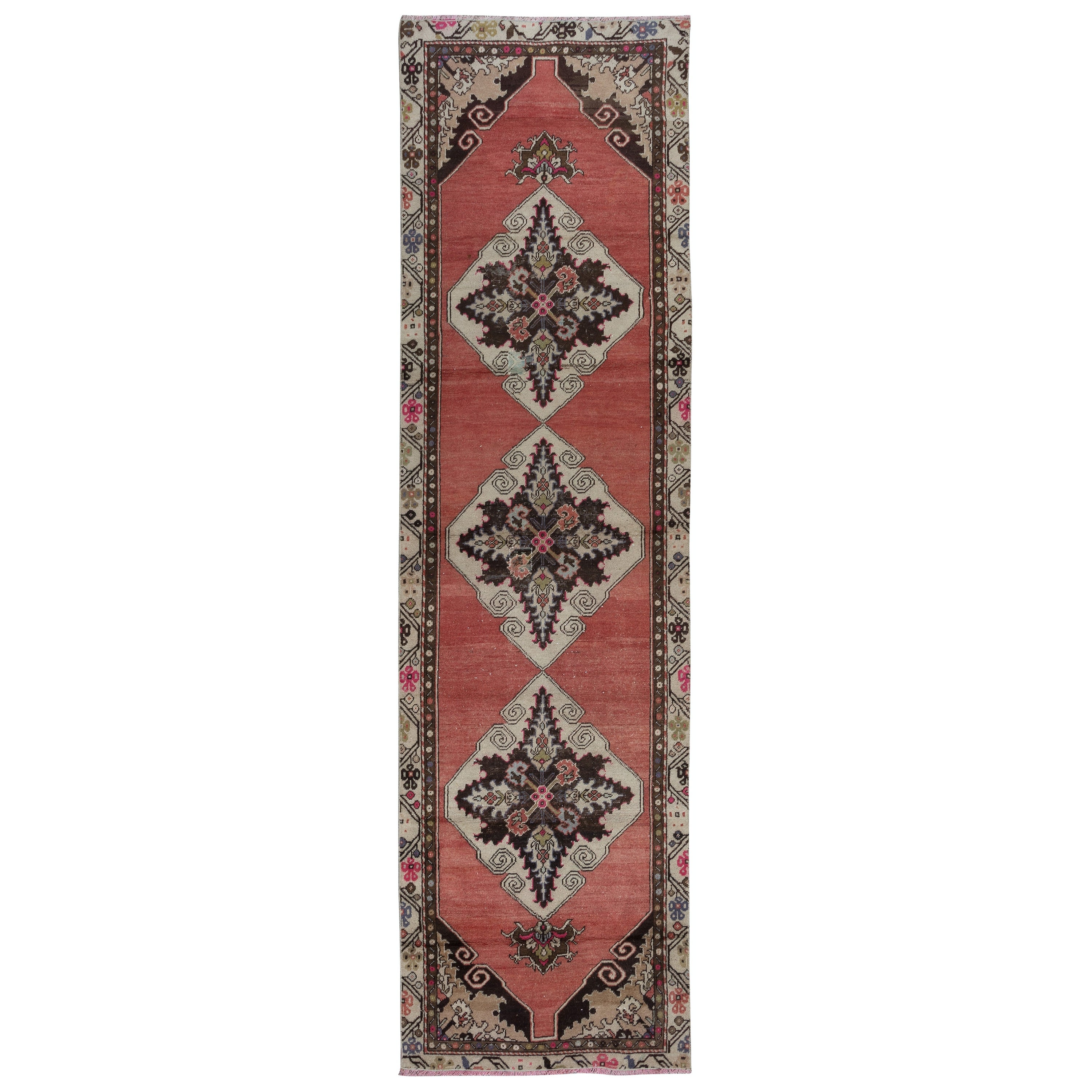 3x10.3 Ft HandKnotted Vintage Hallway Runner Rug in Red with Colorful Medallions For Sale