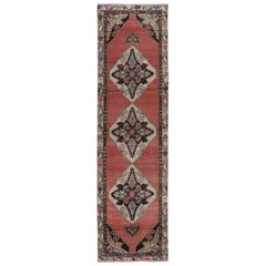 3x10.3 Ft HandKnotted Vintage Hallway Runner Rug in Red with Colorful Medallions