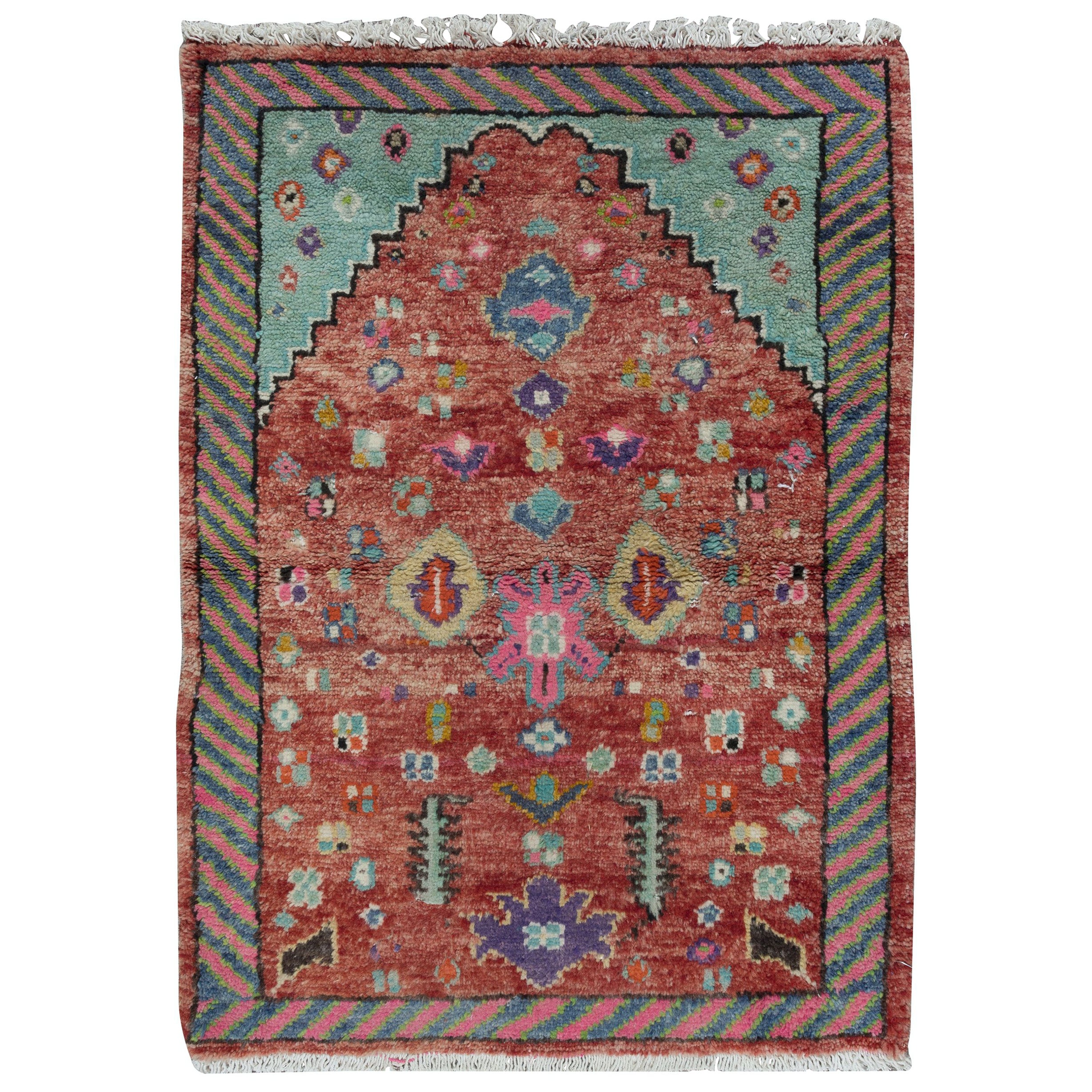 2.3x3.3 Ft Hand Knotted Wool Small Rug, Vintage Turkish Prayer Rug in Soft Red
