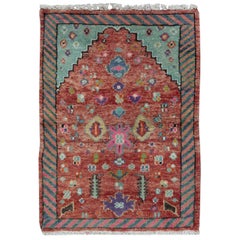 2.3x3.3 Ft Hand Knotted Wool Small Rug, Vintage Turkish Prayer Rug in Soft Red