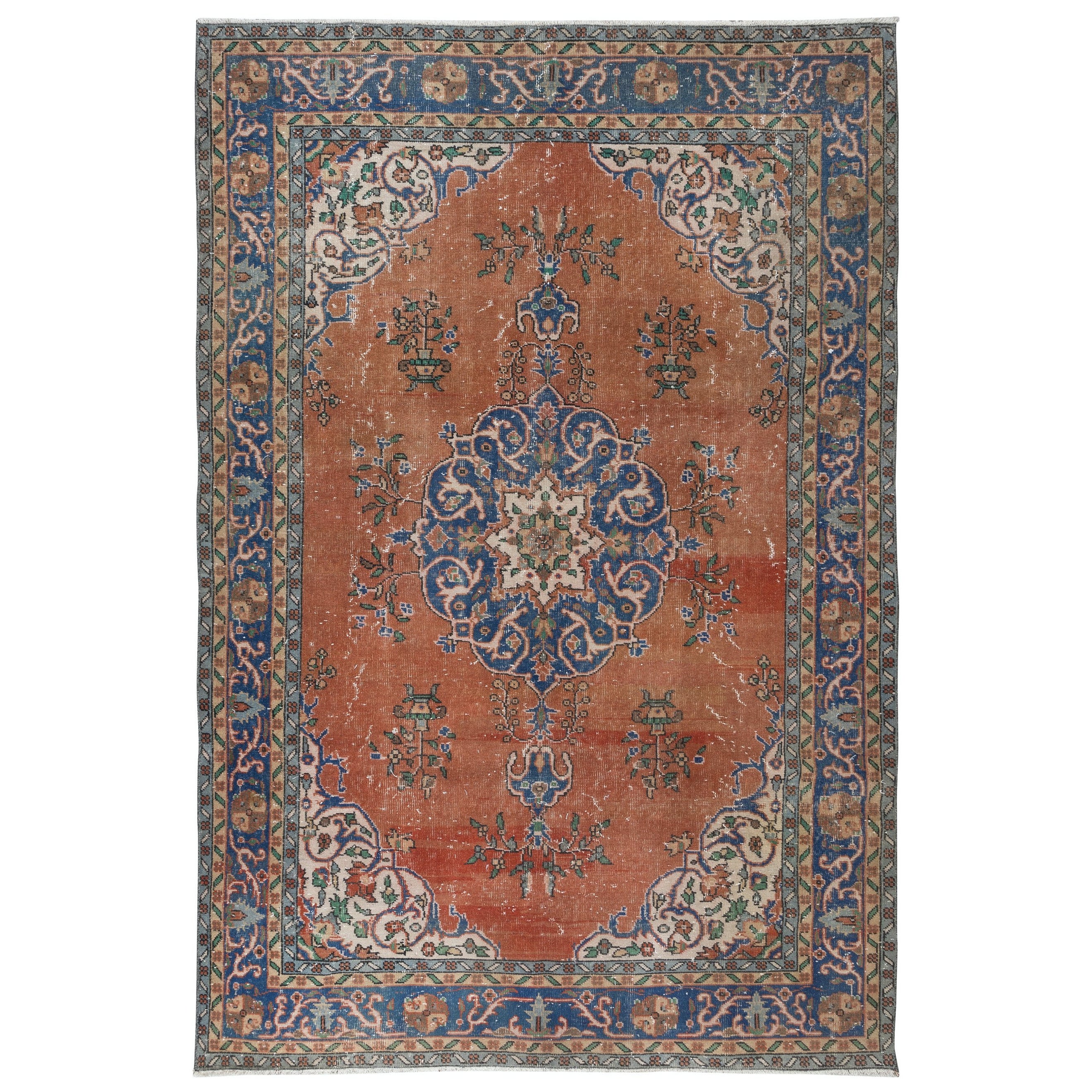 6.4x9.5 Ft Traditioneller Vintage Handgefertigter Türkischer Teppich in Rot & Marineblau