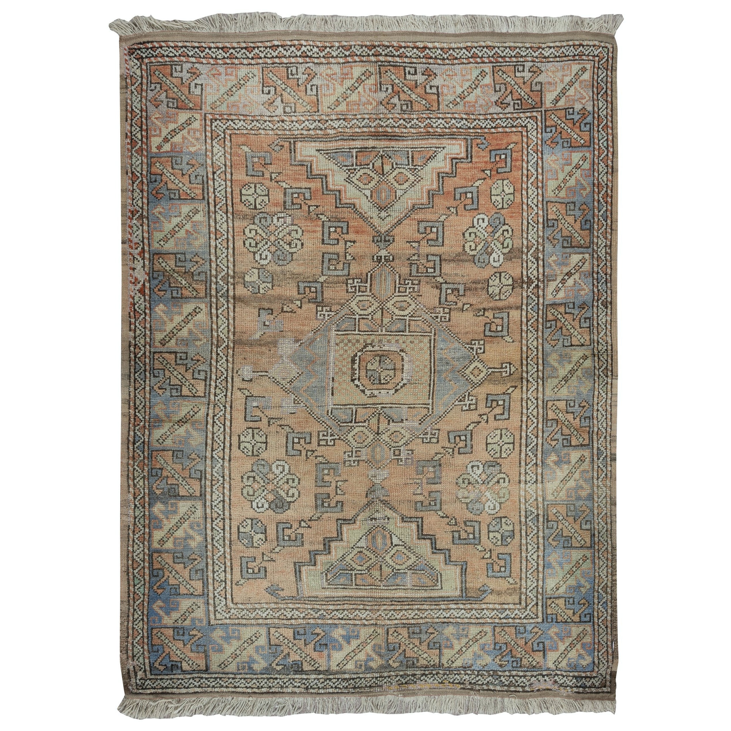 4.8x6 Ft Vintage Handmade Anatolian Wool Area Rug with Geometric Design