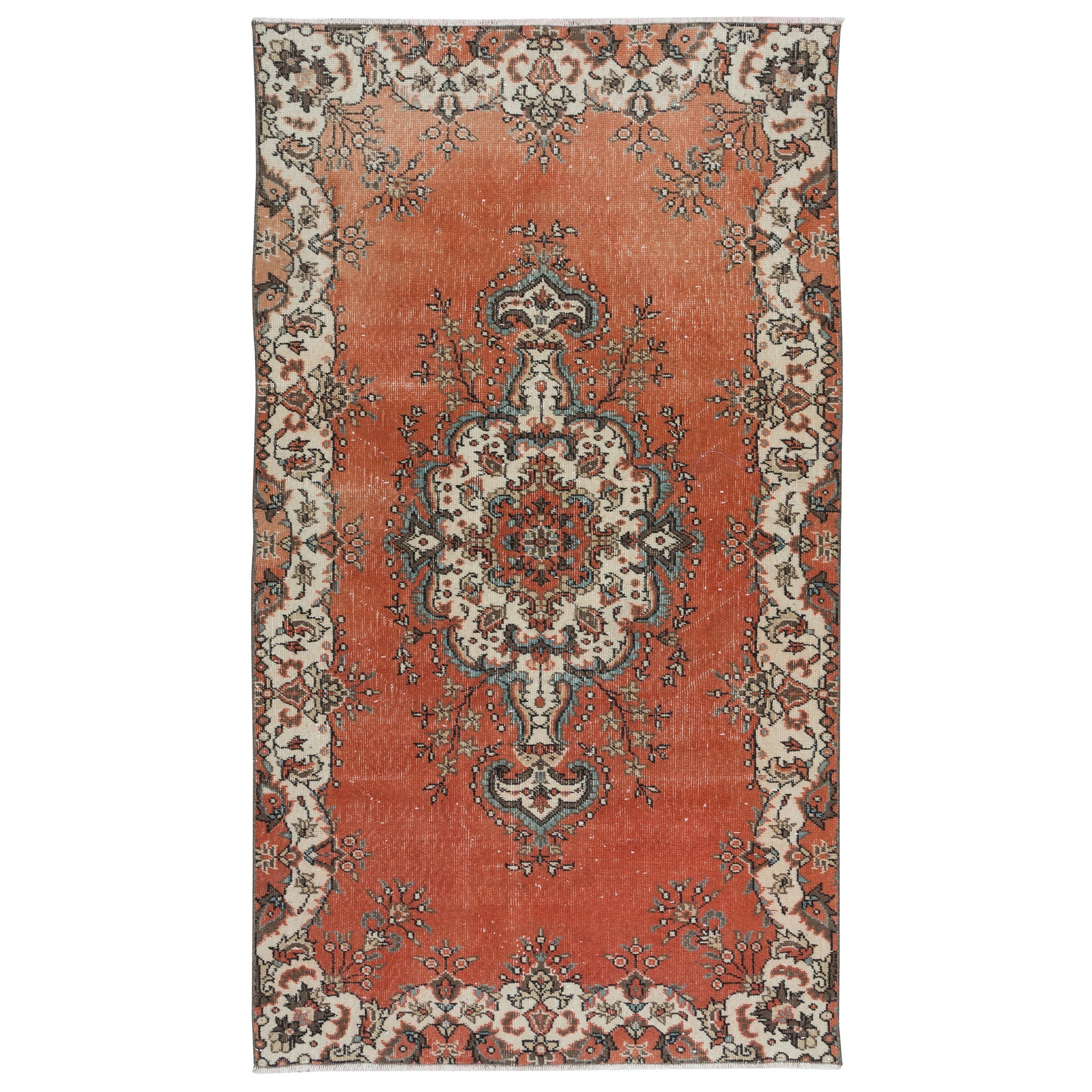 3.8x6.6 Ft Traditional Vintage Handmade Turkish Rug in Red, Beige with Medallion For Sale