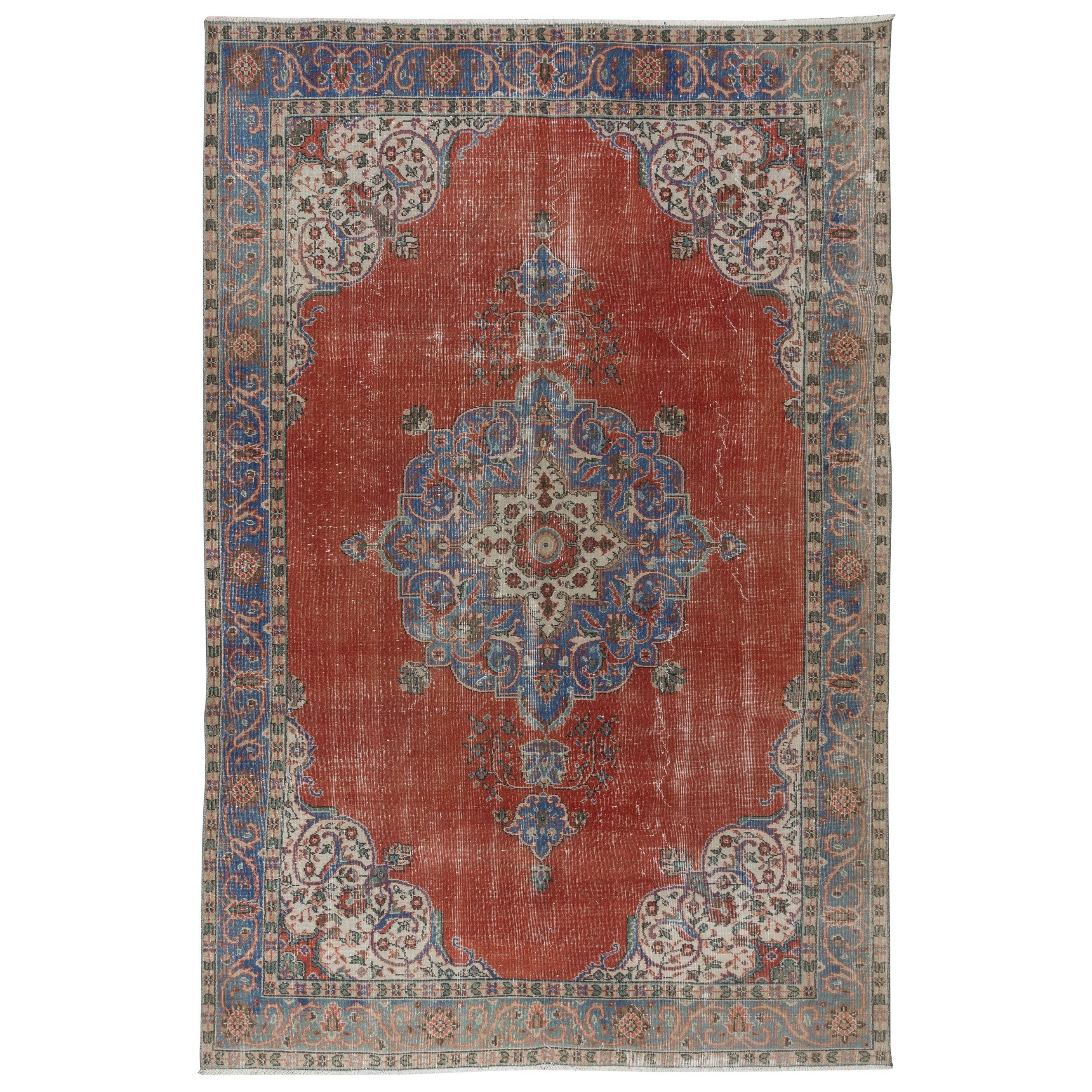 6.6x10 Ft One-of-a-kind Vintage Handmade Turkish Rug in Red, Navy Blue & Beige For Sale