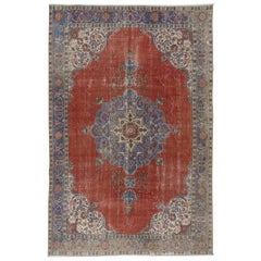 6.6x10 Ft Einzigartiger handgefertigter türkischer Vintage-Teppich in Rot, Marineblau & Beige, Unikat