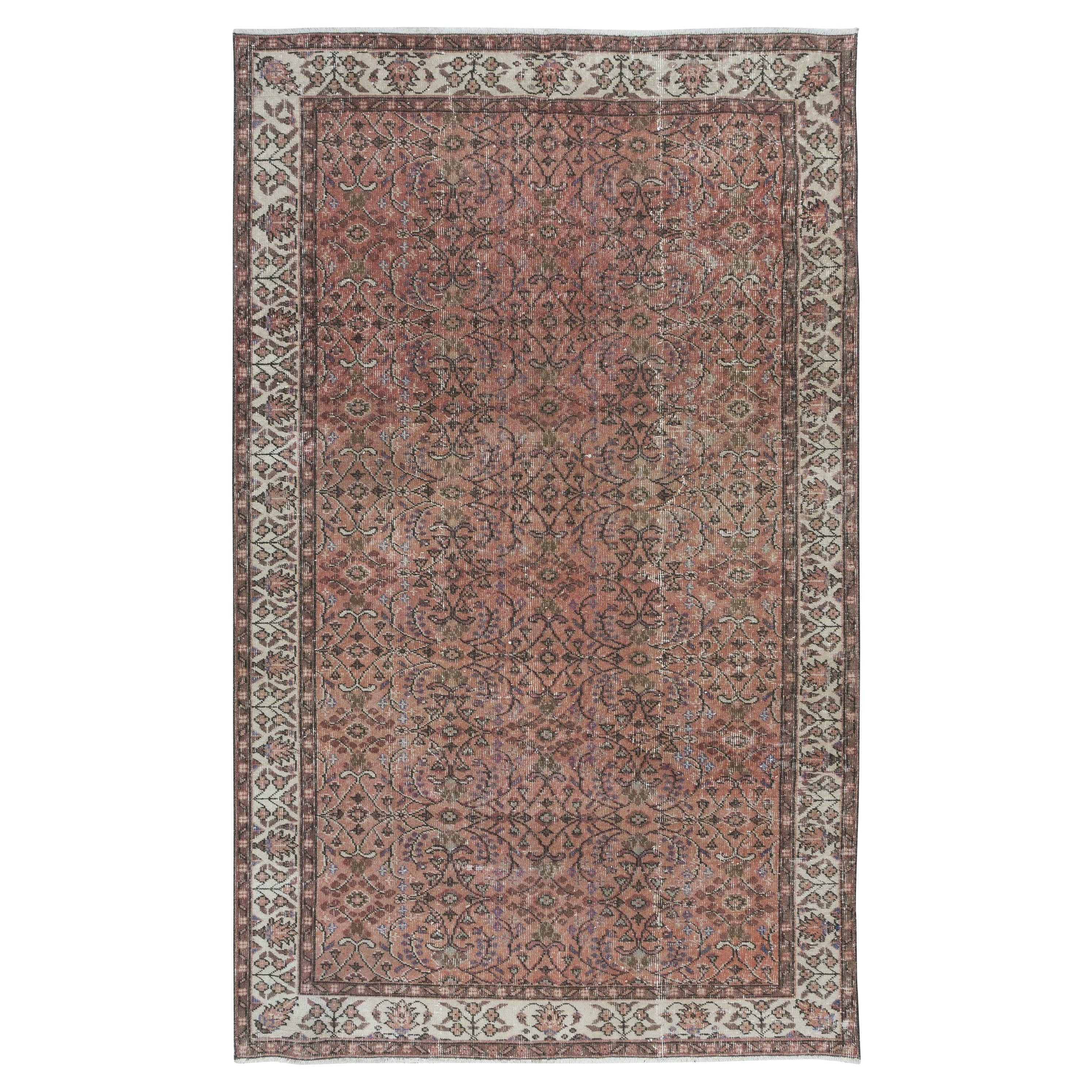 5.4x8.8 Ft Vintage Turkish Area Rug in Red & Beige, Hand Knotted Floral Carpet