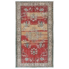 Retro 5.5x9 Ft Unusual Mid-Century Art Deco Rug, Hand Knotted Carpet in Red & Beige