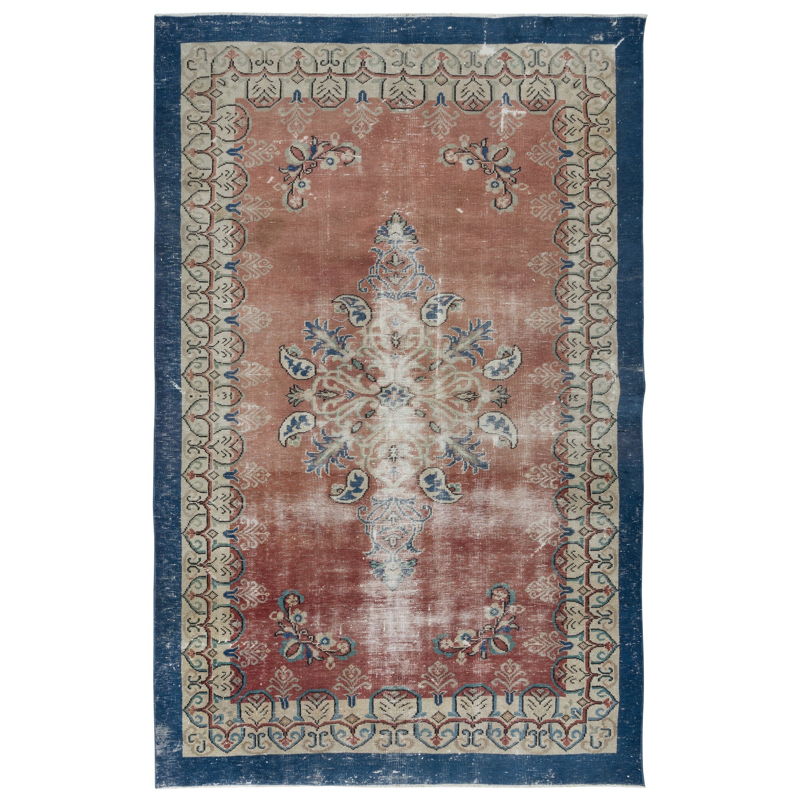 6.3x10 Ft Handmade Turkish Vintage Rug in Soft Red, Beige with Blue Solid Border For Sale