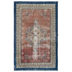 6.3x10 Ft Handmade Turkish Vintage Rug in Soft Red, Beige with Blue Solid Border