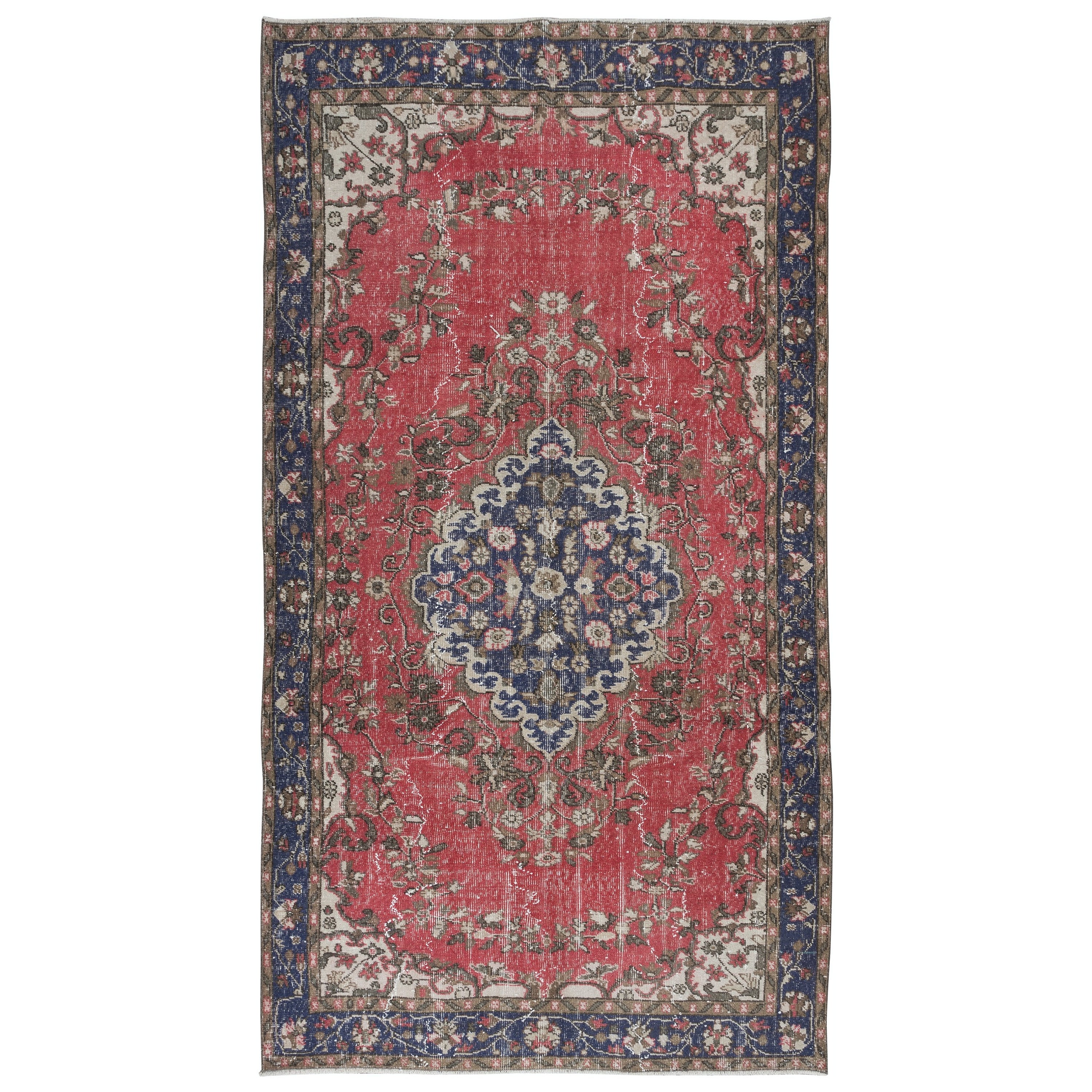 5.6x10.2 Ft Vintage Handmade Turkish Wool Area Rug in Red, Beige & Dark Blue For Sale