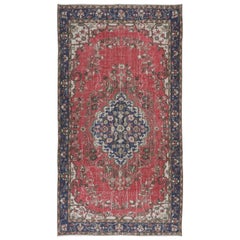 5.6x10.2 Ft Vintage Handgefertigter Teppich aus türkischer Wolle in Rot, Beige & Dunkelblau