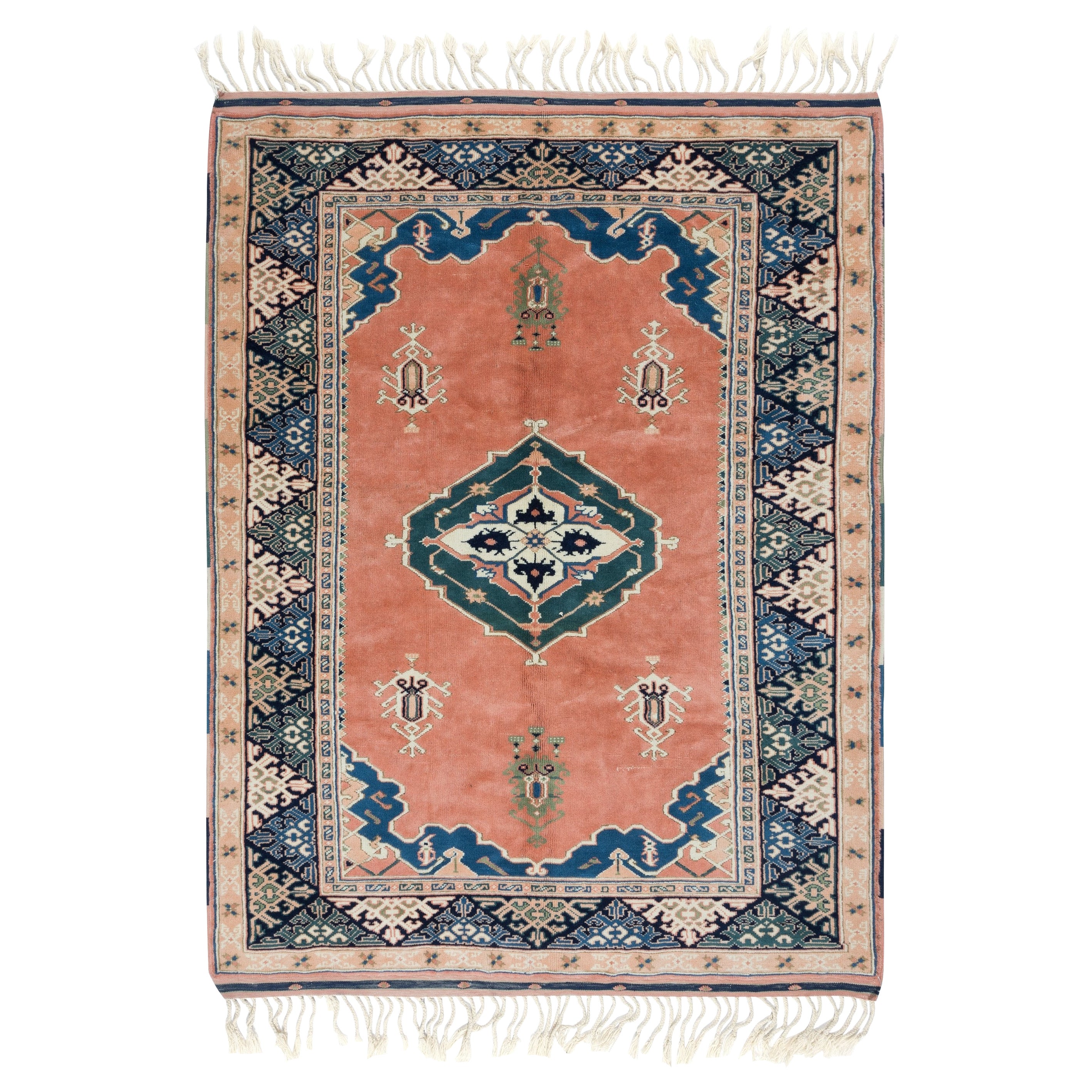 Traditioneller handgefertigter türkischer Vintage-Teppich mit Medaillon 5.2x6.7 Ft, 100% Wolle, handgefertigt