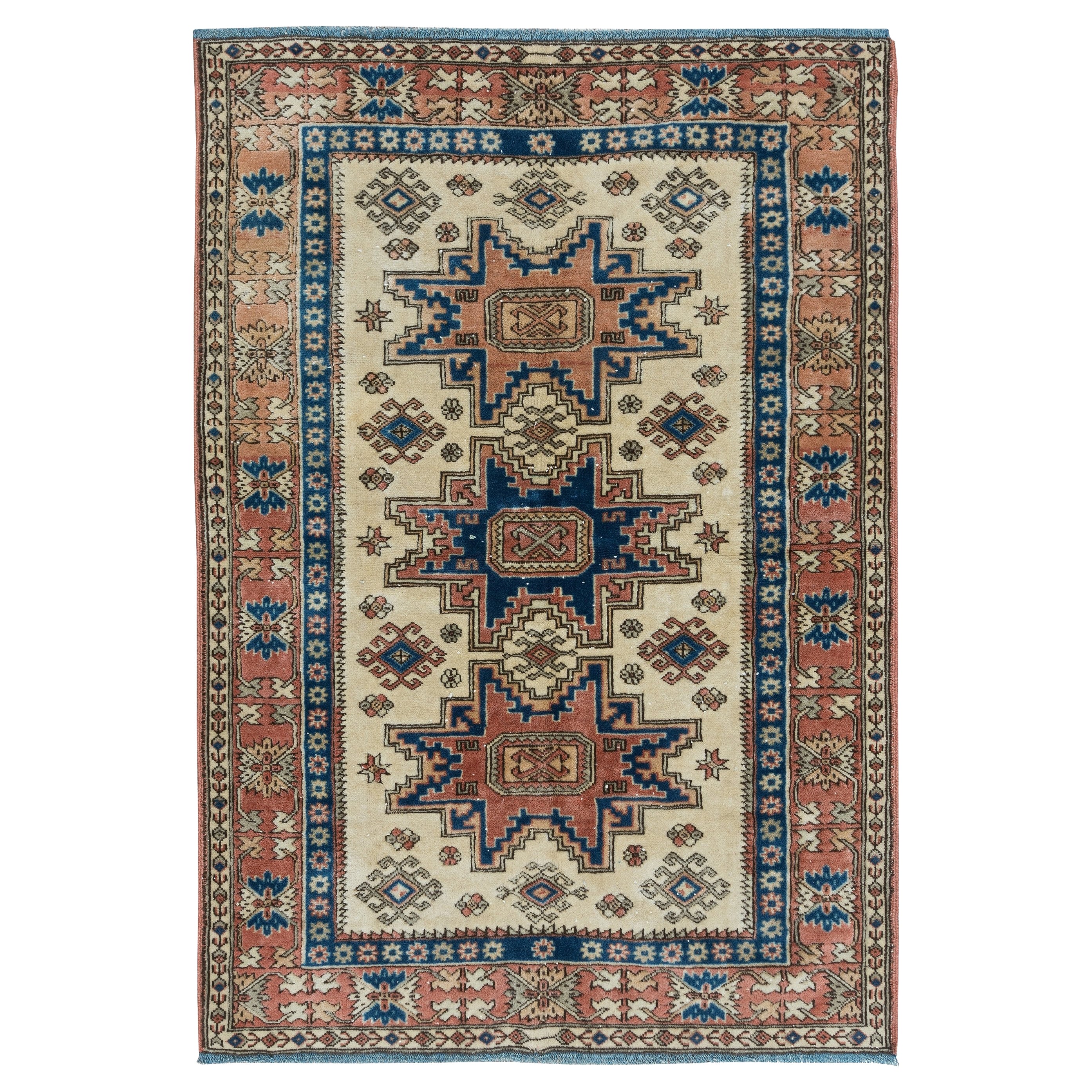 3.5x5 Ft Traditional Vintage Handmade Colorful Turkish Area Rug with Medallions For Sale