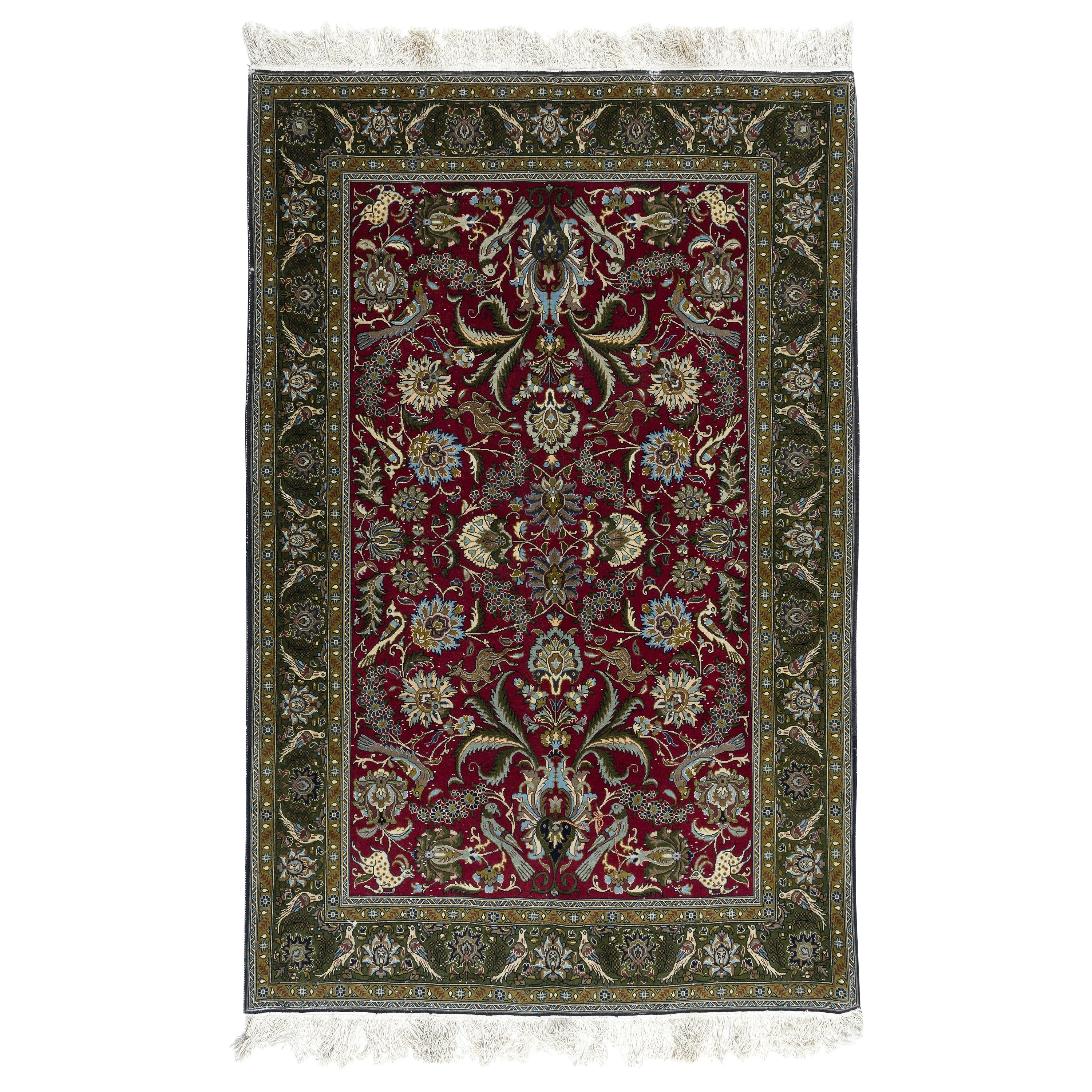 4.6x7 Ft Hand Knotted Turkish Rug in Red & Green with Floral Botanical Design For Sale