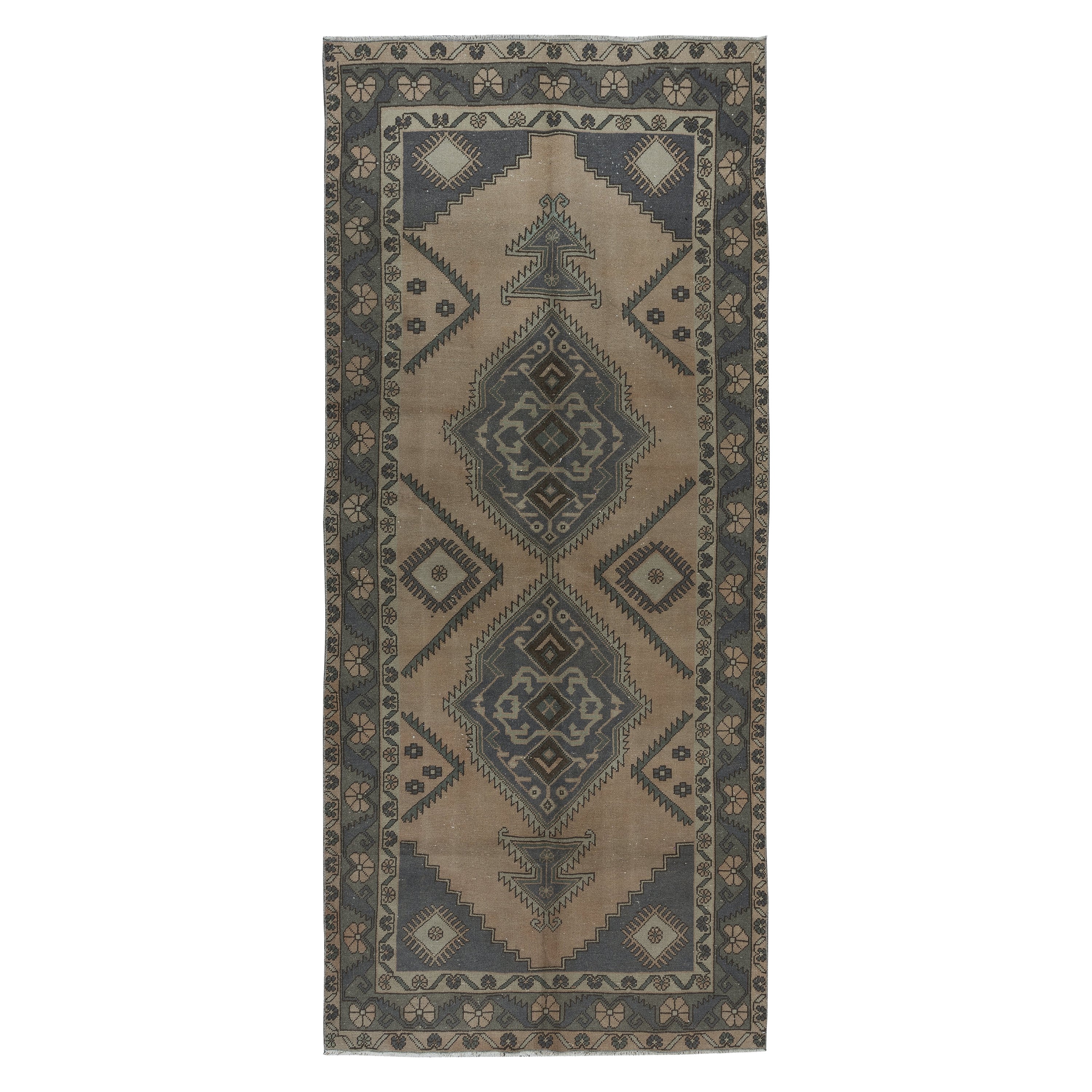 4.6x10.5 Ft Old Handmade Corridor Rug with Medallions, Wide Hallway Runner For Sale