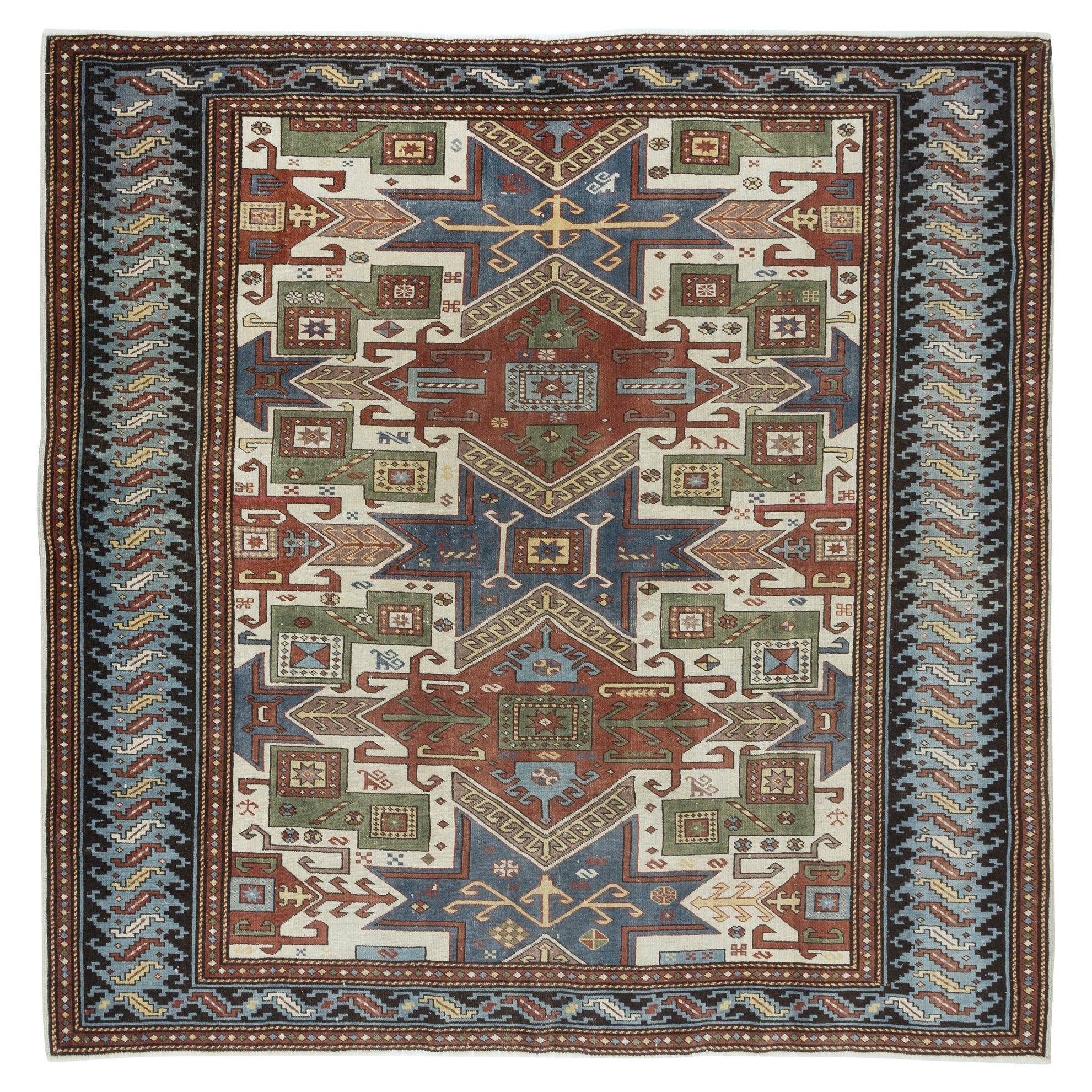6.3x6.3 Ft Unique Vintage Hand Knotted Turkish Square Rug with Geometric Patters For Sale