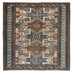 6.3x6.3 Ft Unique Vintage Hand Knotted Turkish Square Rug with Geometric Patters