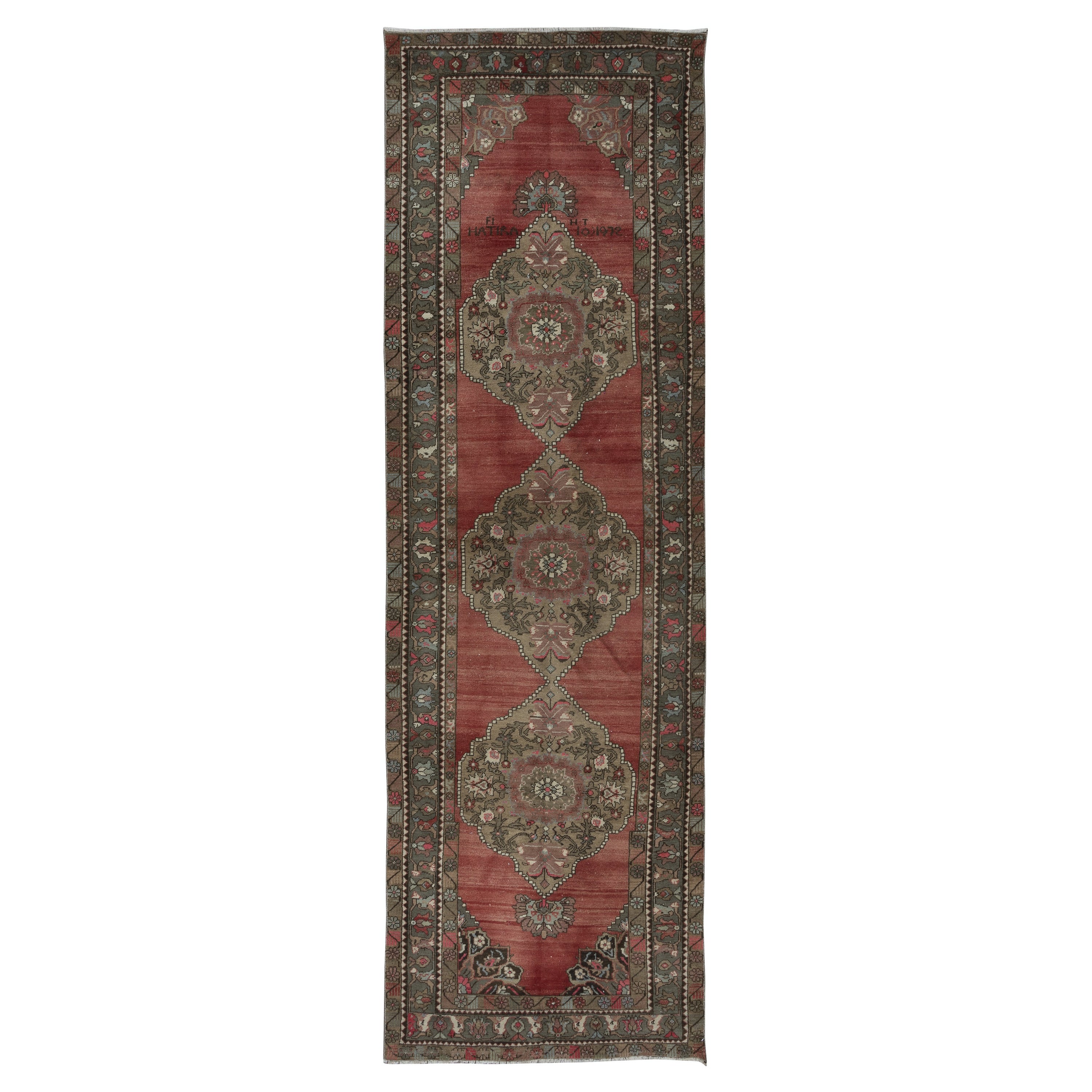 4x12.4 Ft Traditional Vintage Handmade Turkish Hallway Runner Rug, 100% Wool For Sale