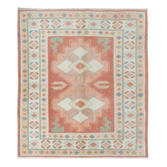 4.6x5.2 Ft Traditional Turkish Rug in Red & Beige, Vintage Handmade Wool Carpet
