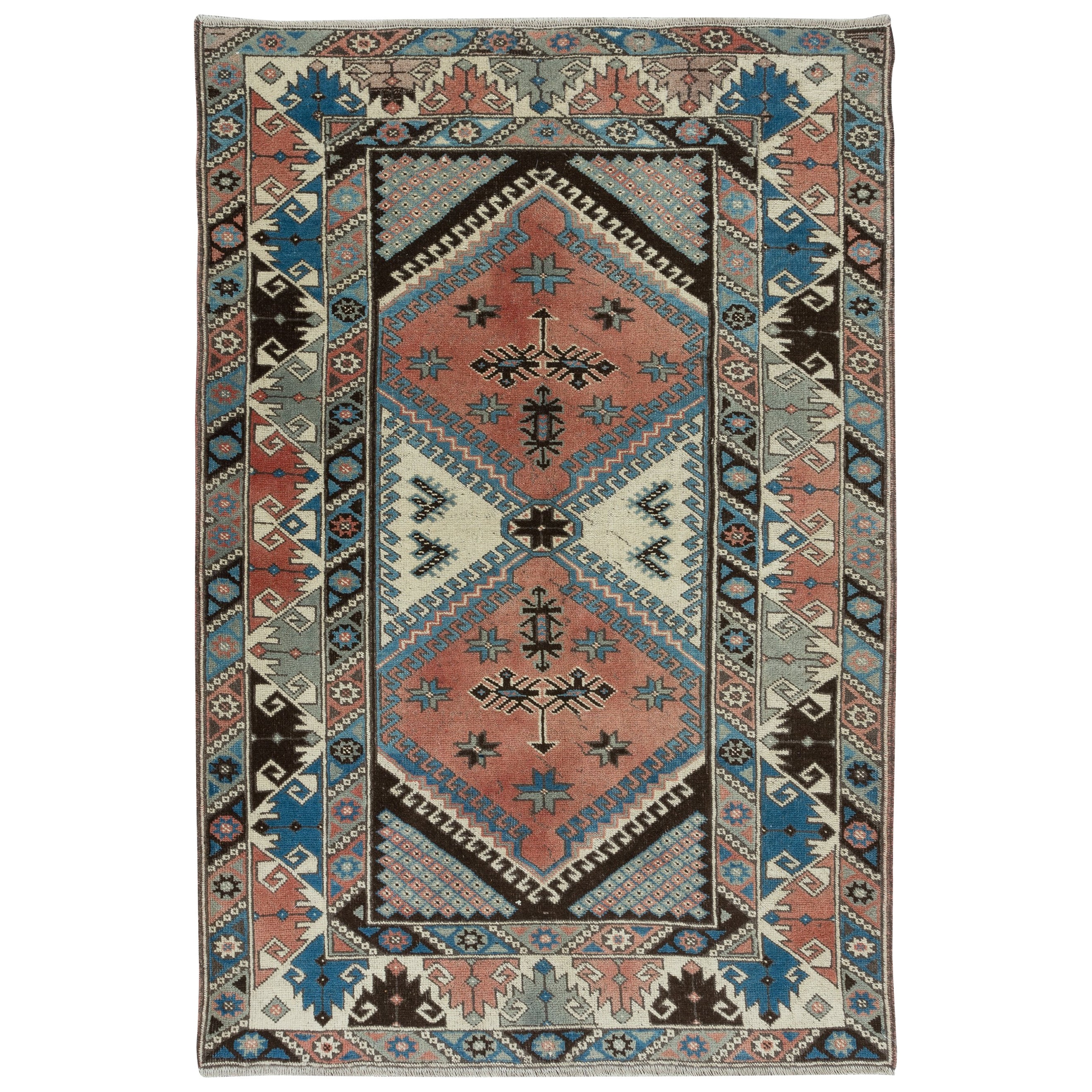 4x6 Ft Unique Vintage Handmade Turkish Area Rug with Geometric Patters, All Wool For Sale