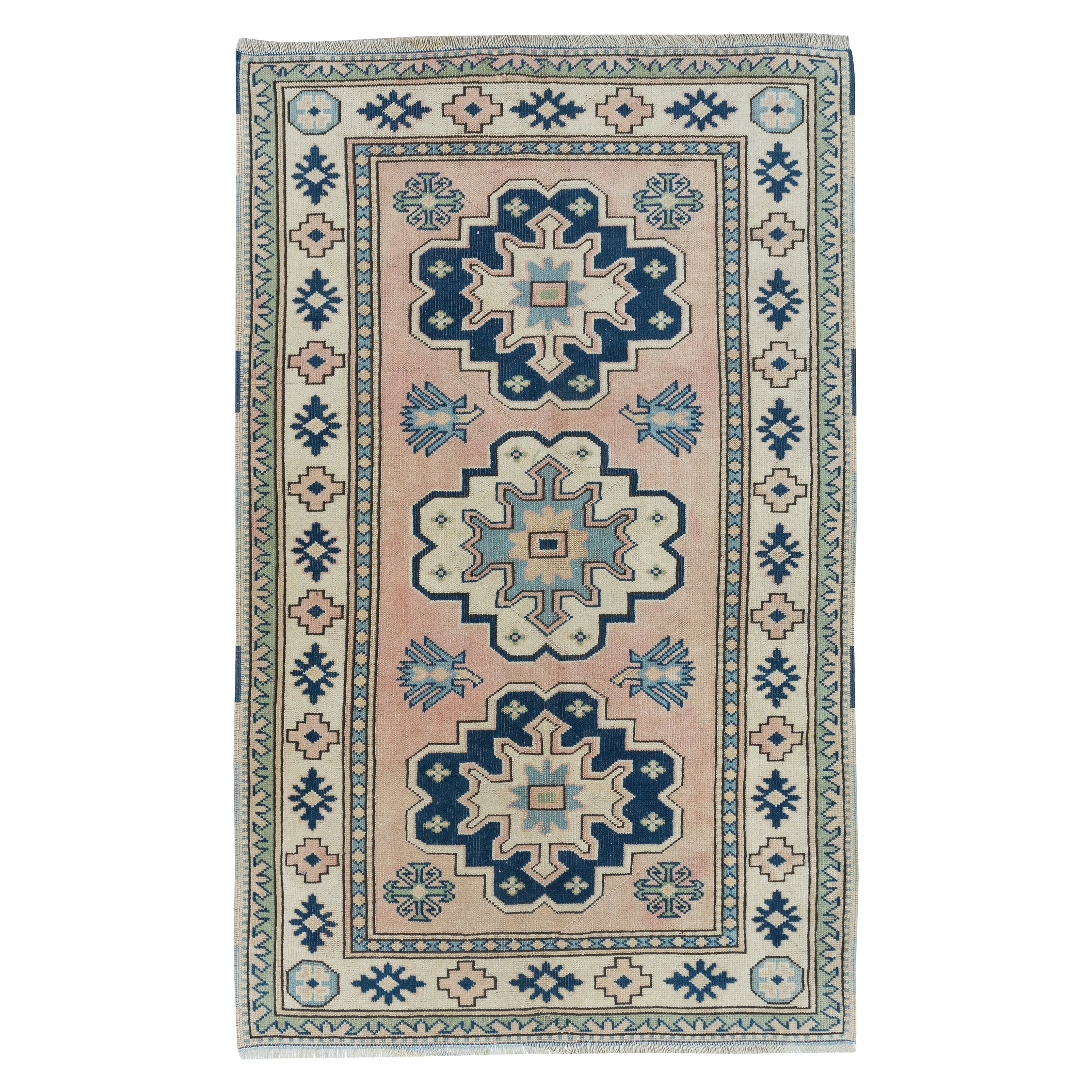 4.2x7 Ft Vintage Hand Knotted Turkish Area Rug for Living Room & Dining Room For Sale