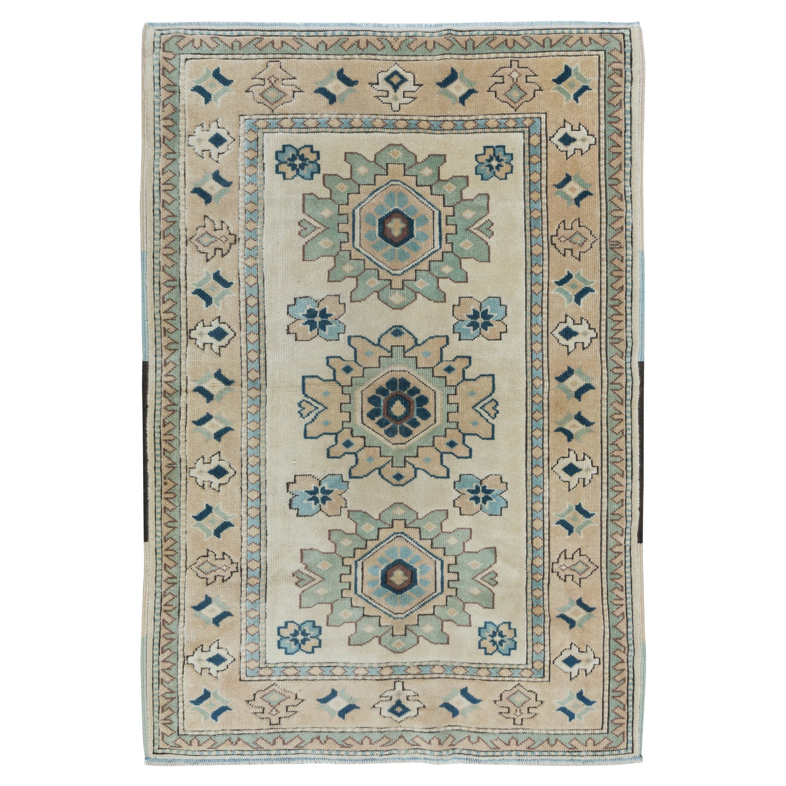 4x6 Ft Moderner türkischer Teppich mit Medaillons, handgefertigter Teppich, 100% Wolle