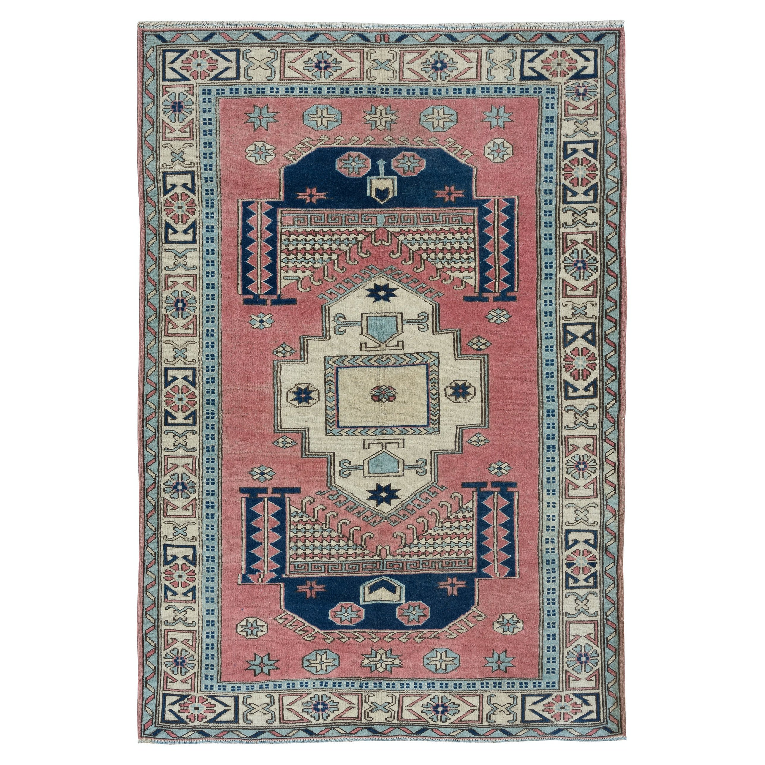 4.6x6.4 Ft Unique Vintage Handmade Turkish Wool Rug with Geometric Patters For Sale