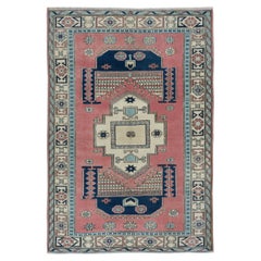 4,6x6.4 Ft Einzigartiger handgefertigter türkischer Vintage-Teppich aus Wolle mit geometrischen Mustern