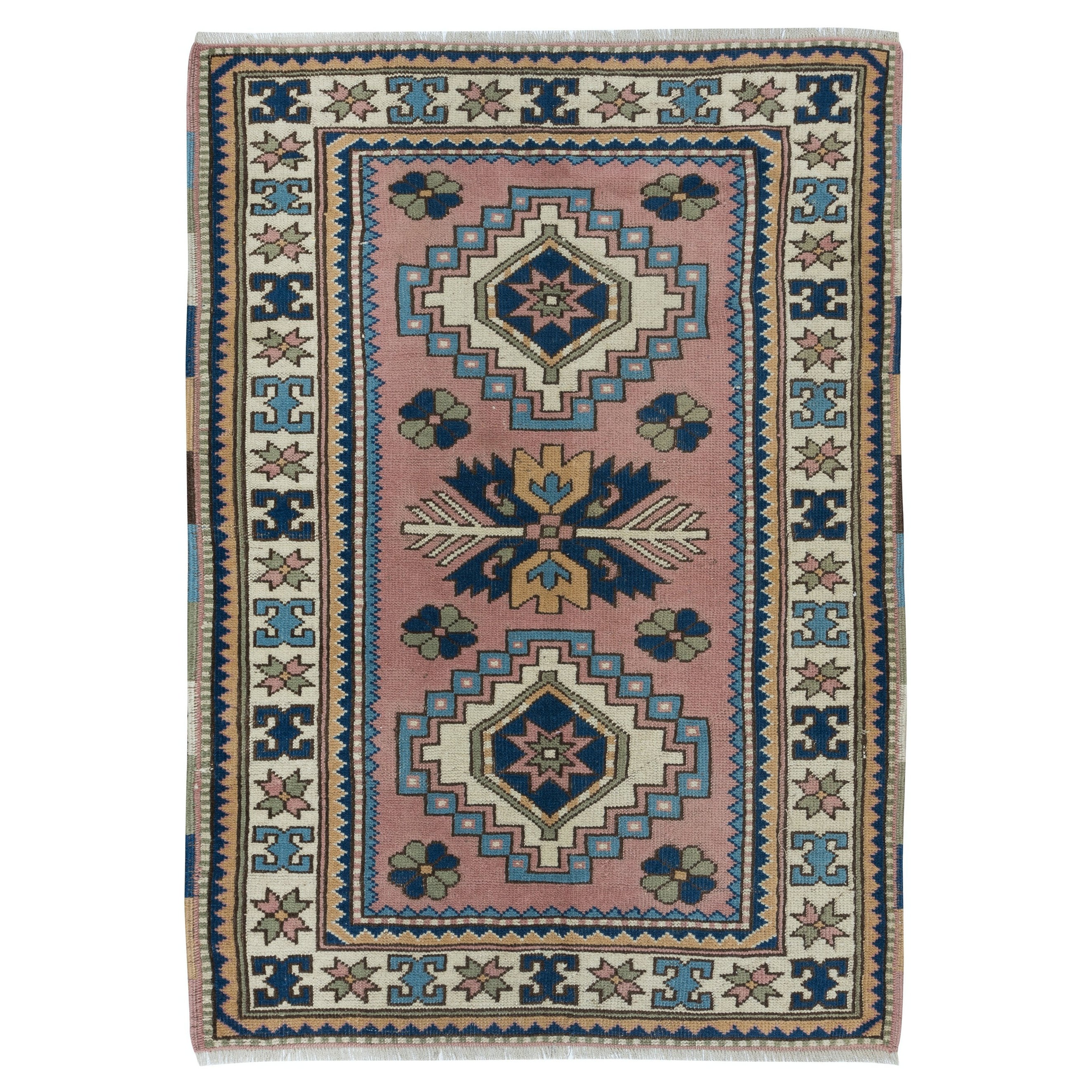 3.5x5 Ft One of a Kind Vintage Handmade Turkish Geometric Accent Rug, 100% Wool For Sale