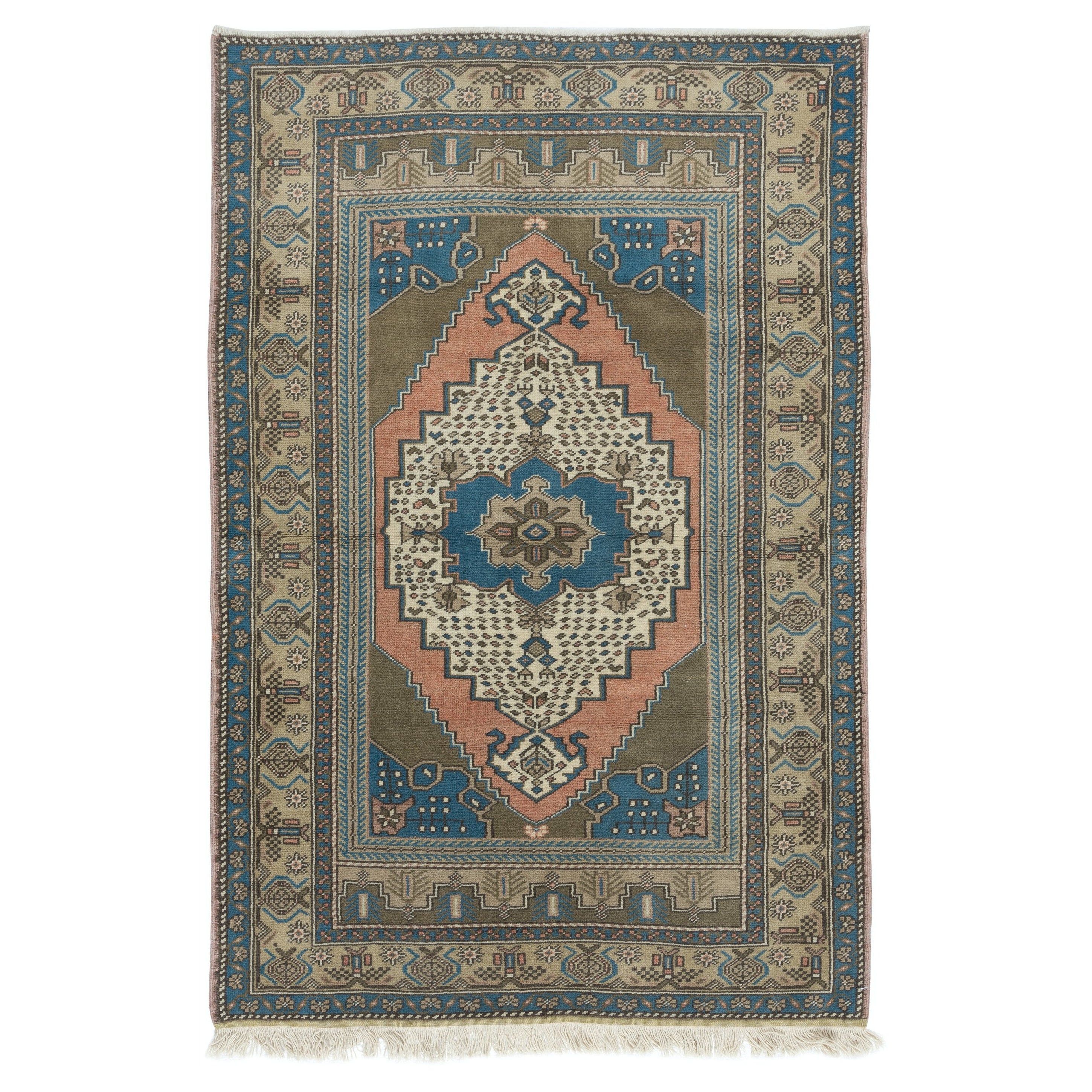 4x5.7 Ft One of a Pair Vintage Turkish Tribal Wool Rug, Handmade Oriental Carpet For Sale