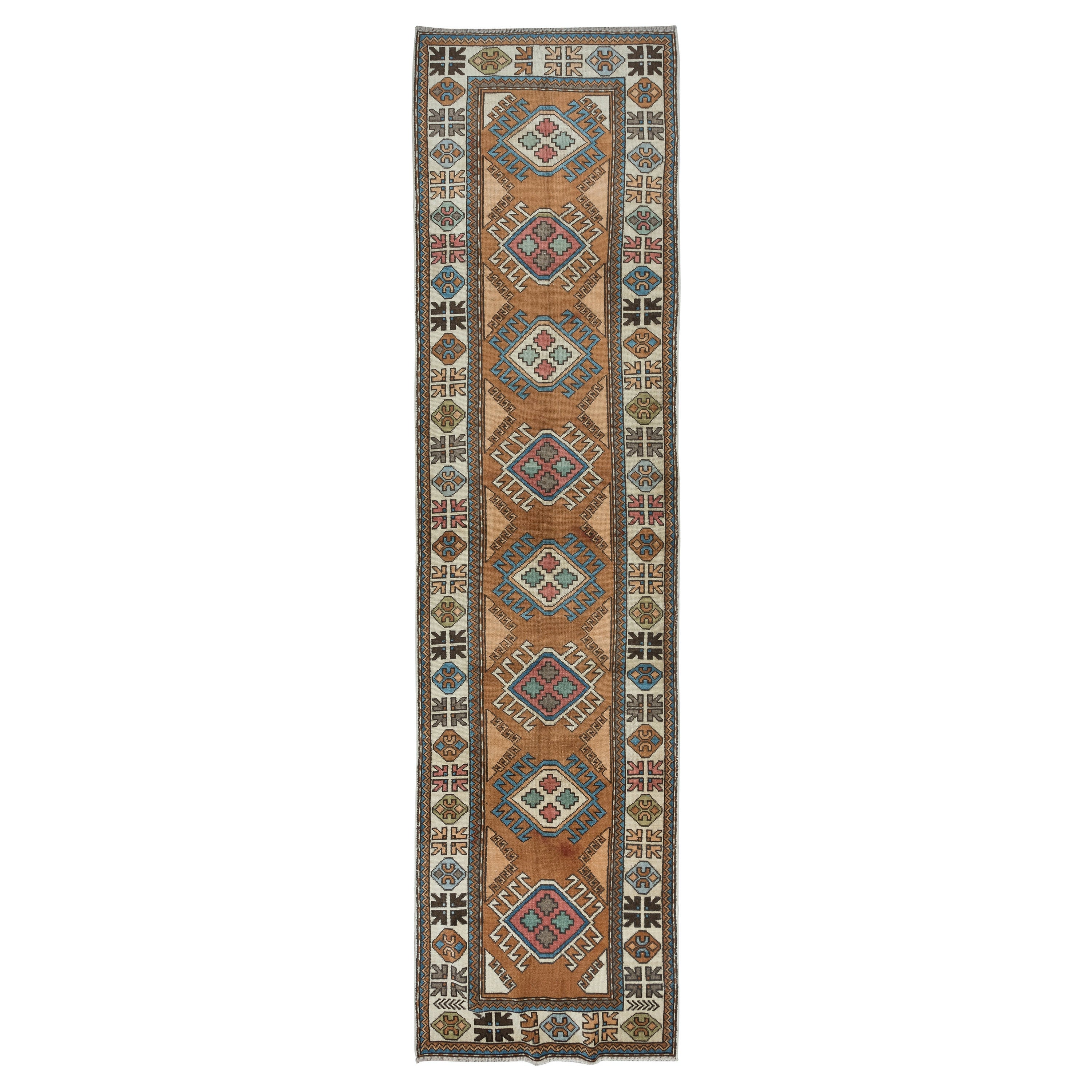 3.5x13.4 Ft Hand Knotted Turkish Corridor Carpet, Ca 1960, Narrow Hallway Runner (Tapis de couloir étroit) en vente