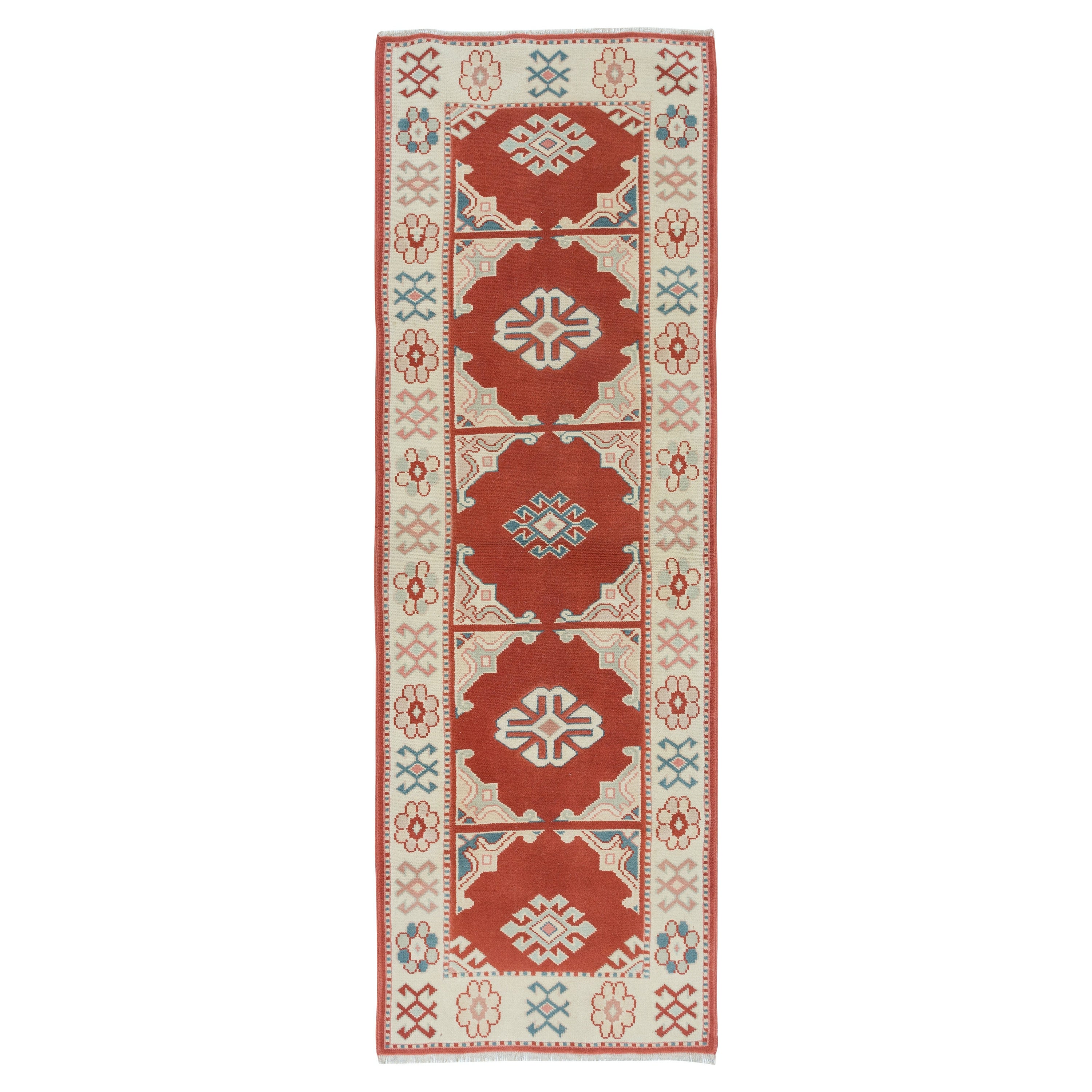 2.5x7.3 Ft One of a Kind Turkish Rug in Red & Beige, Hallway Runner, 100% Wool For Sale