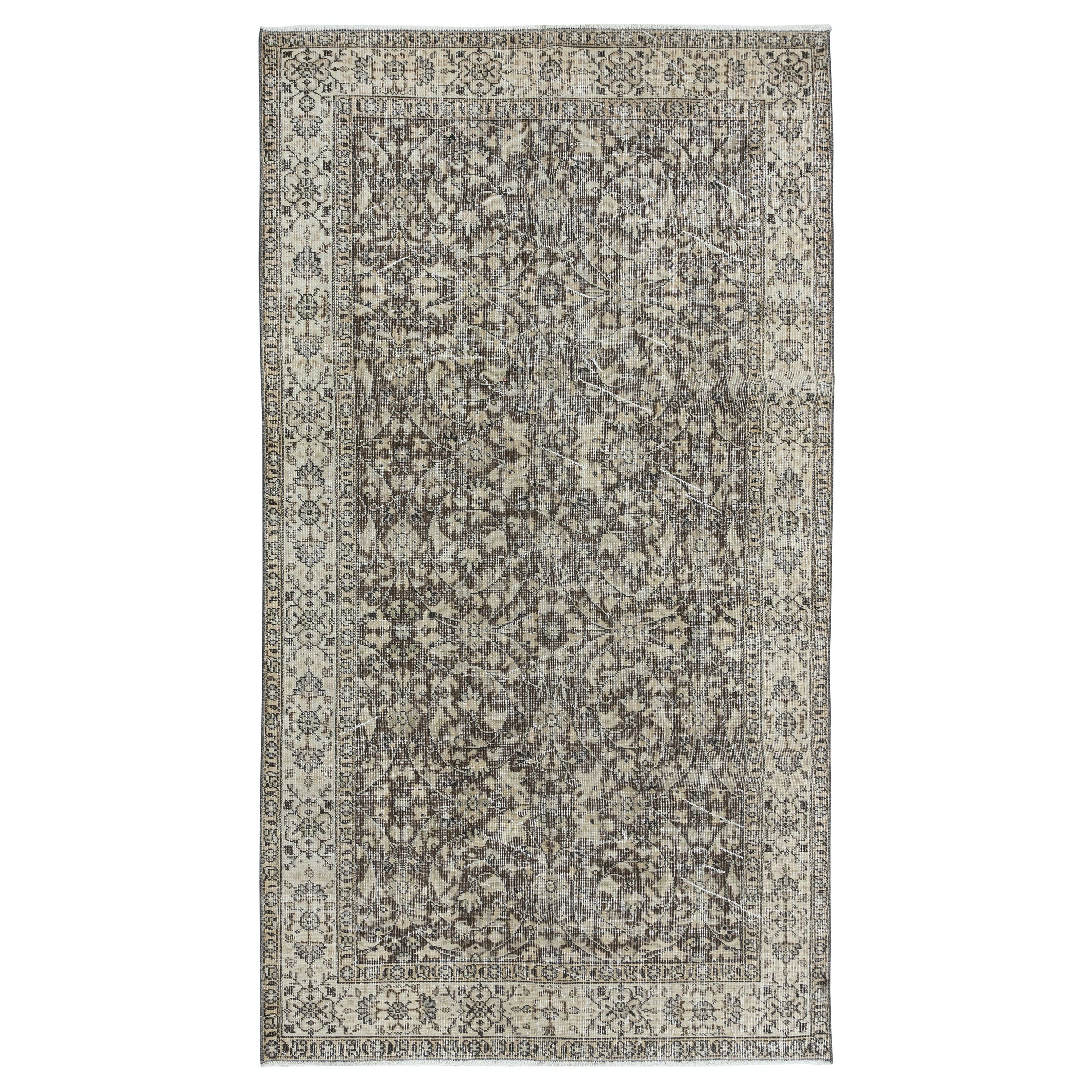 4.6x8.3 Ft Vintage Floral Rug, Hand Knotted Turkish Wool Carpet in Beige & Brown For Sale