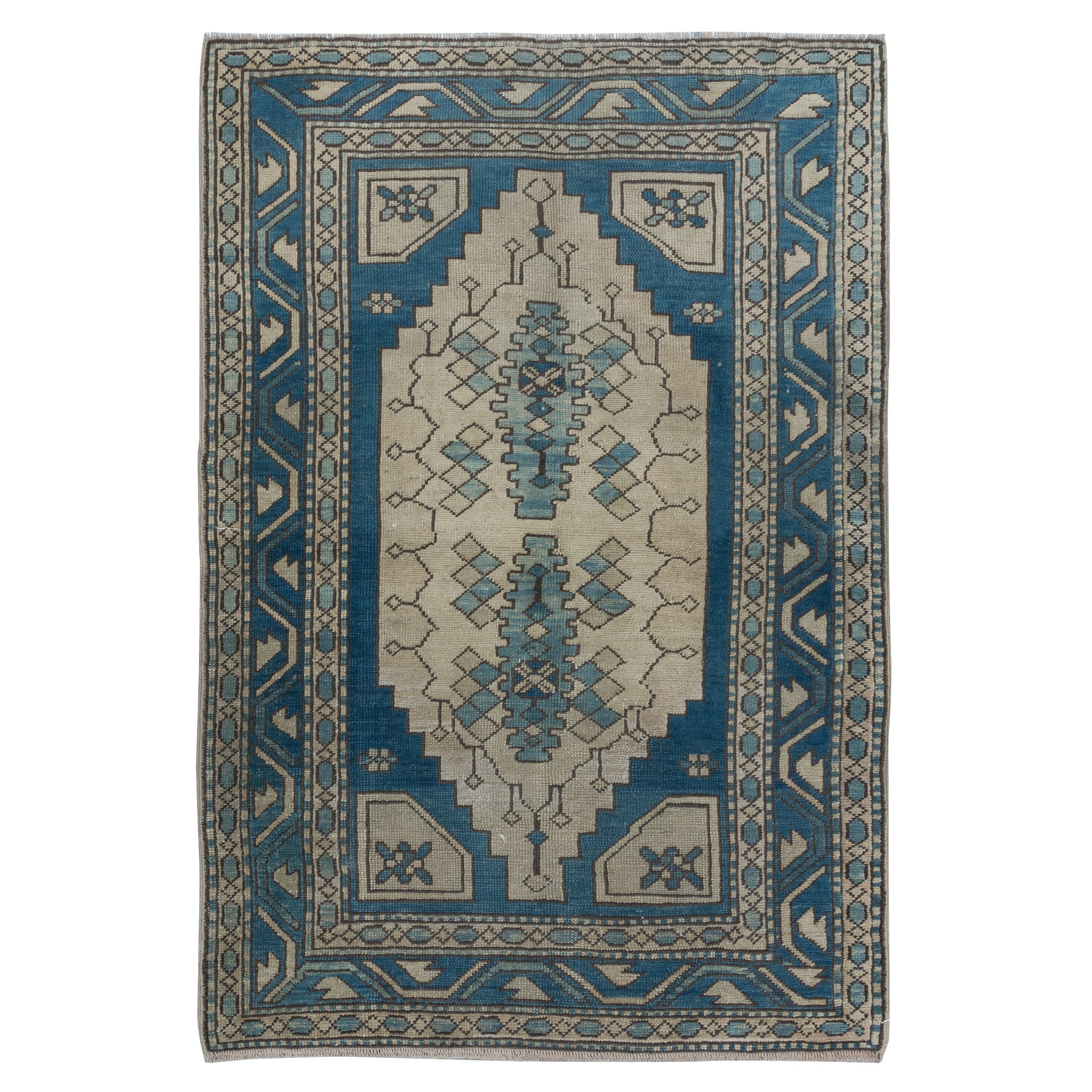 4x6 Ft Vintage Turkish Rug in Dark Blue & Beige, Handmade Wool Village Carpet For Sale