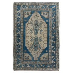 4x6 Ft Vintage Turkish Rug in Dark Blue & Beige, Handmade Wool Village Carpet