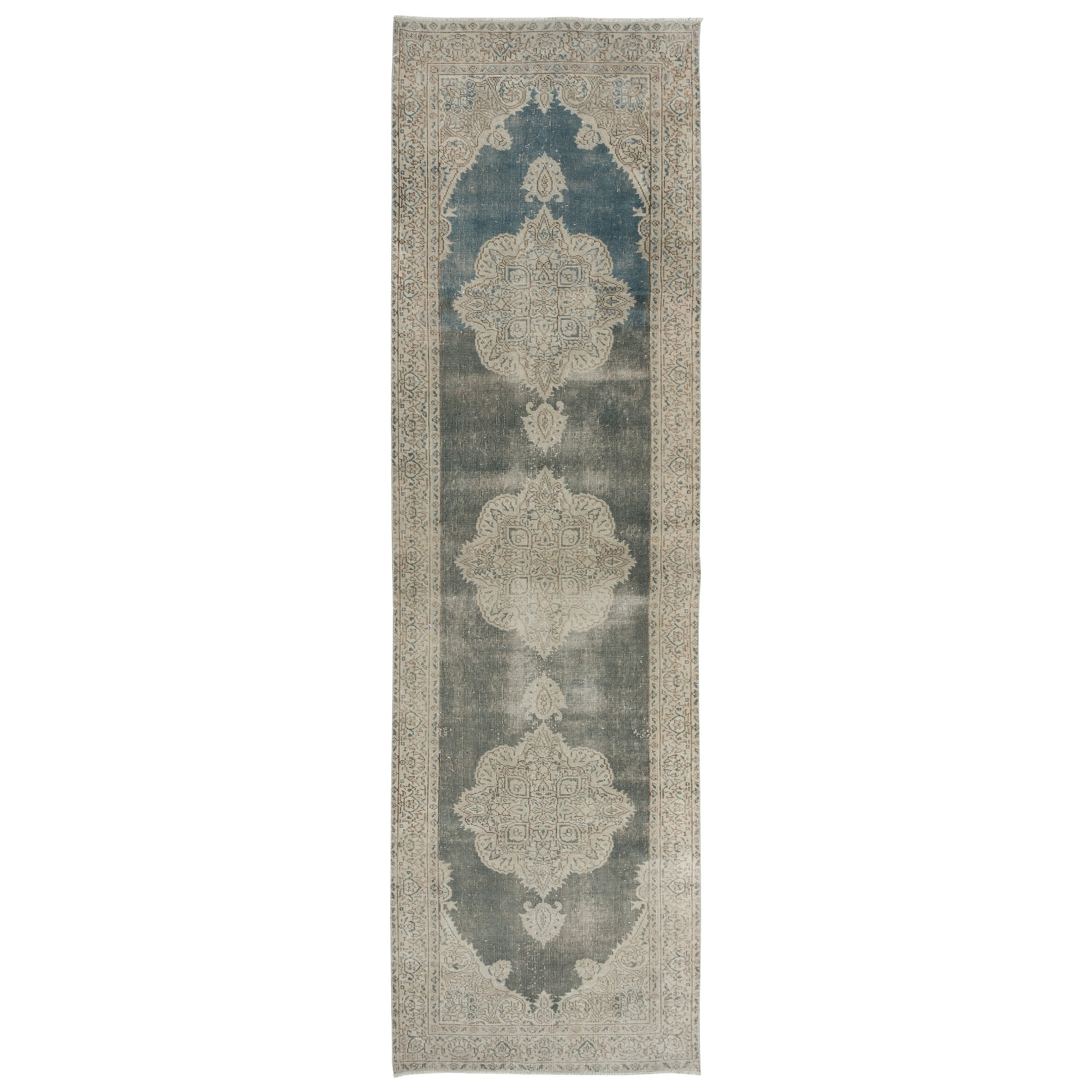 3.3x10.7 Ft Faded Anatolian Oushak Hallway Runner Rug, Vintage Corridor Carpet