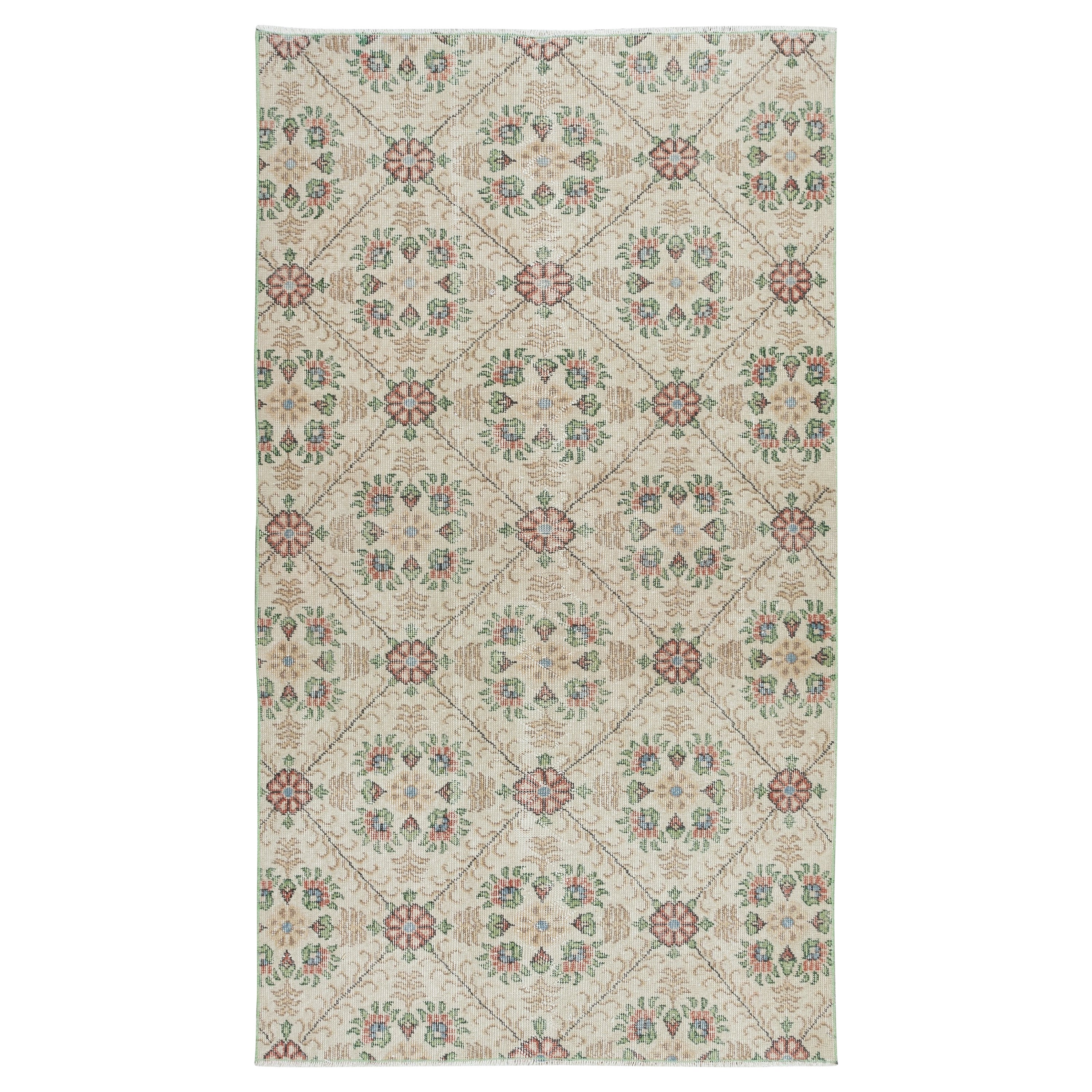 4x6.8 Ft Handknotted Vintage Rug with Beige Background and Green Floral Pattern For Sale