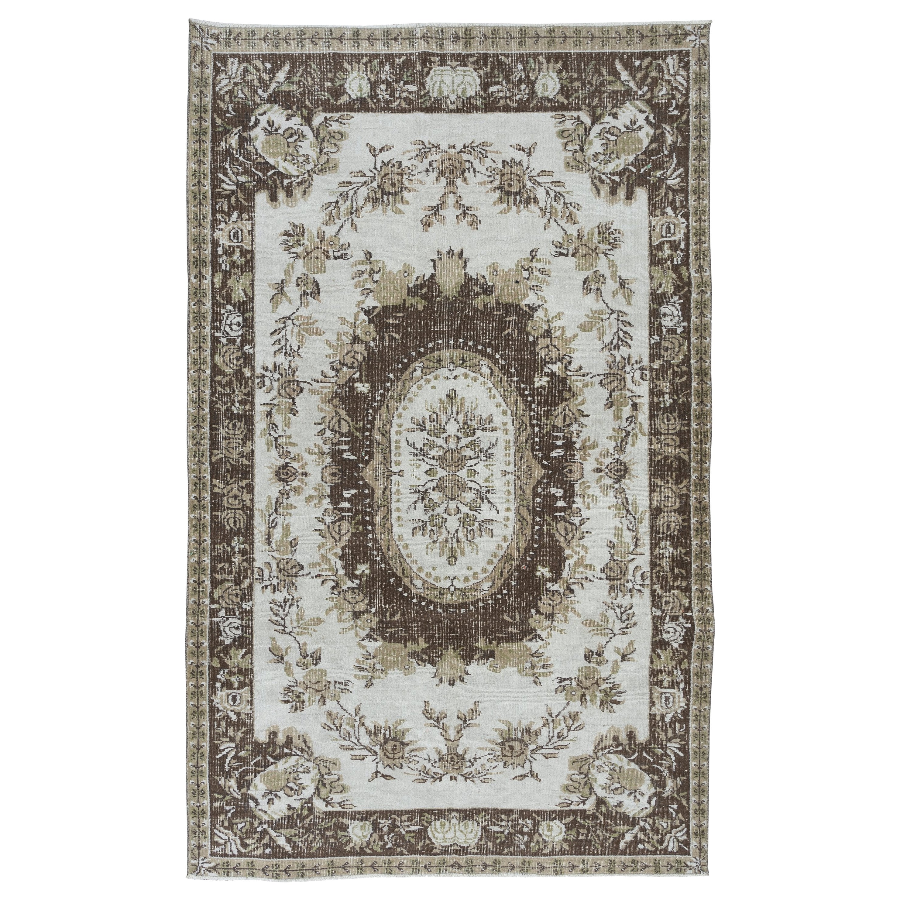 5.4x8.4 Ft Classic Aubusson Inspired Vintage Handmade Faded Rug in Beige & Brown For Sale