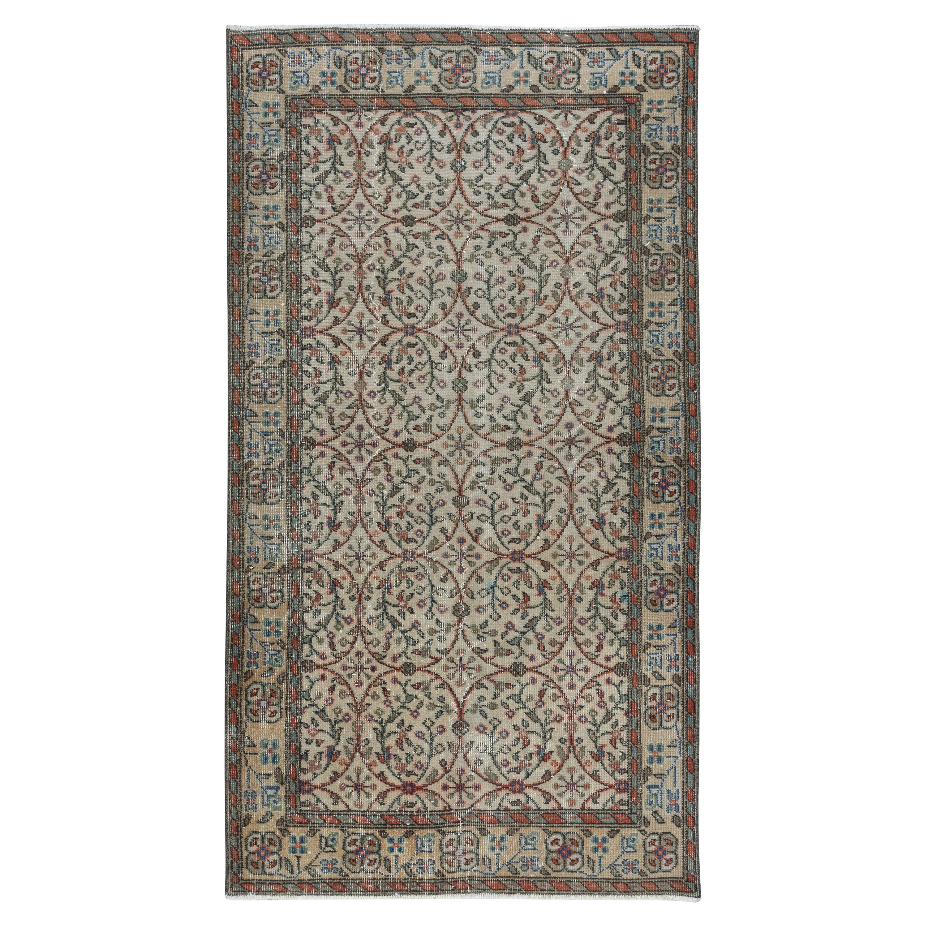 3.8x6.8 Ft Vintage Handmade Anatolian Rug in Beige with All-Over Floral Design For Sale