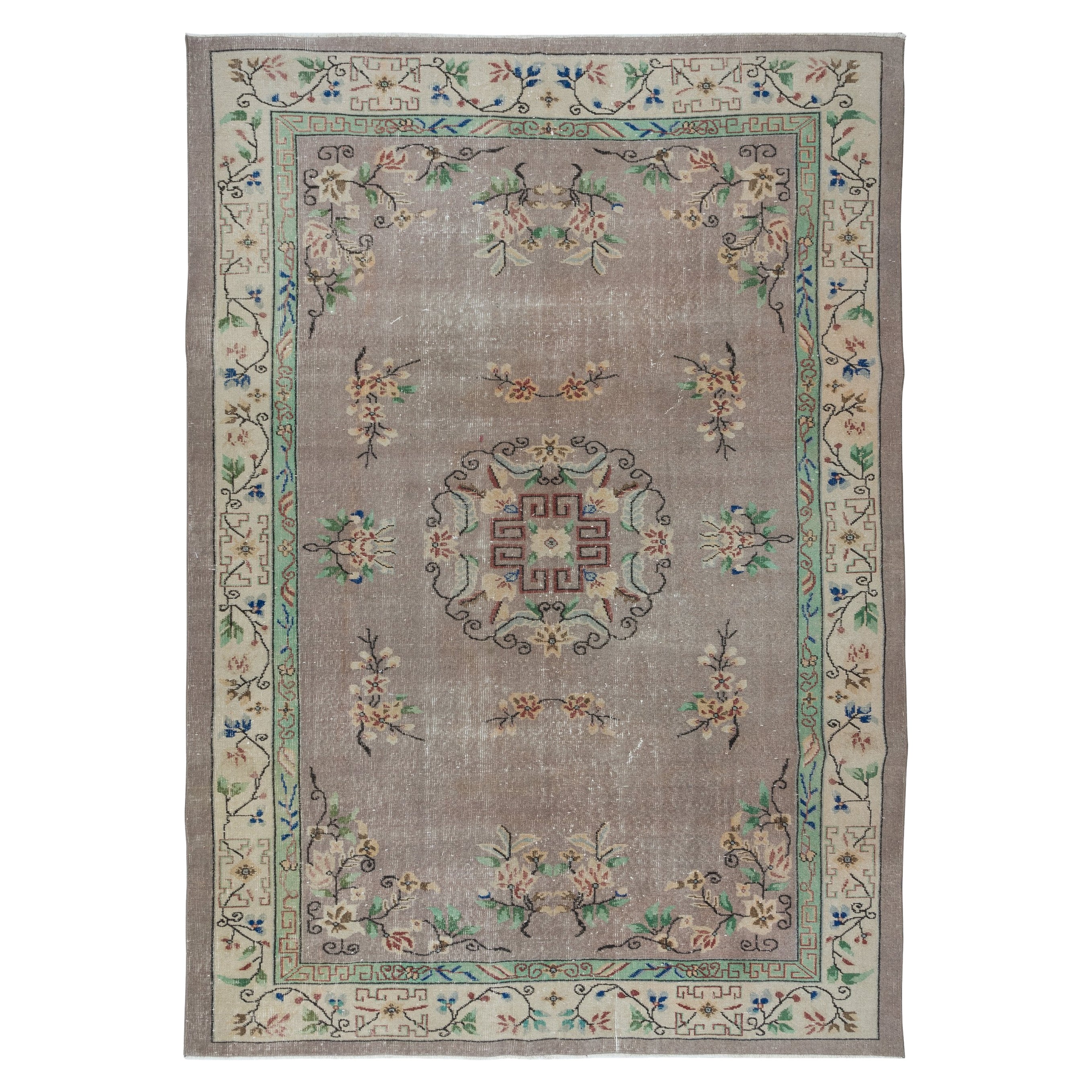 6.8x10 Ft Chinese Art Deco Vintage Handmade Area Rug for Country Home and Rustic For Sale