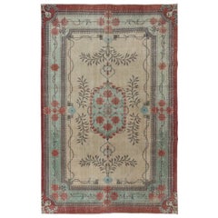 6.2x9.6 Ft European Design Handmade Rug. Vintage Deco Carpet, Beige, Red & Green