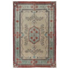 6.2x9.6 Ft European Design Handmade Rug. Tapis déco vintage, beige, rouge et vert