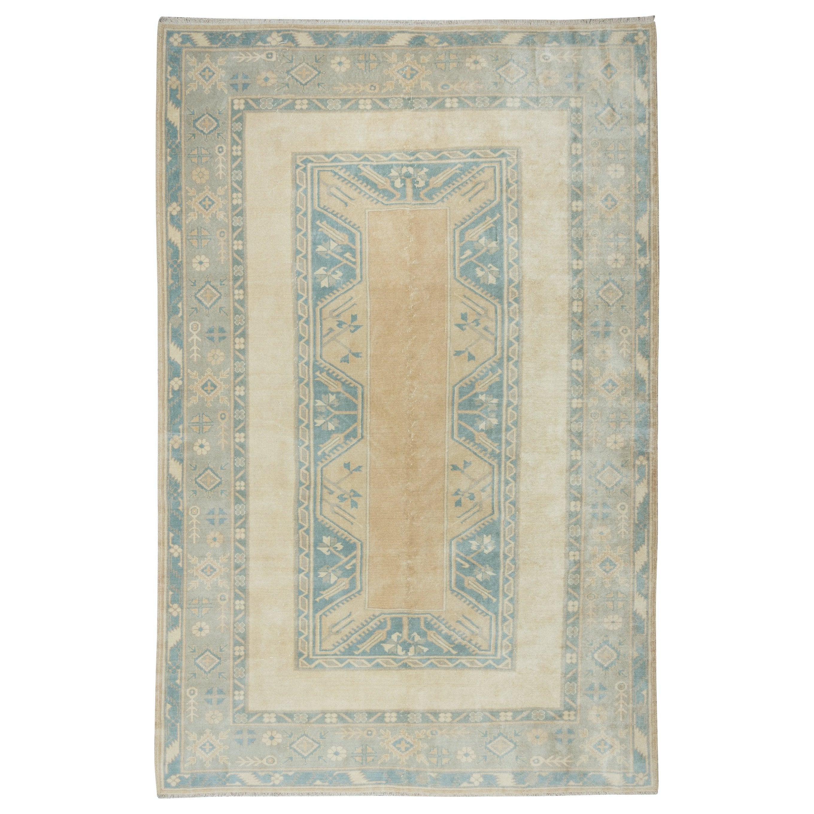 6.5x9.7 Ft Faded Hand Knotted Oushak Rug, Vintage Geometric Anatolian Carpet For Sale