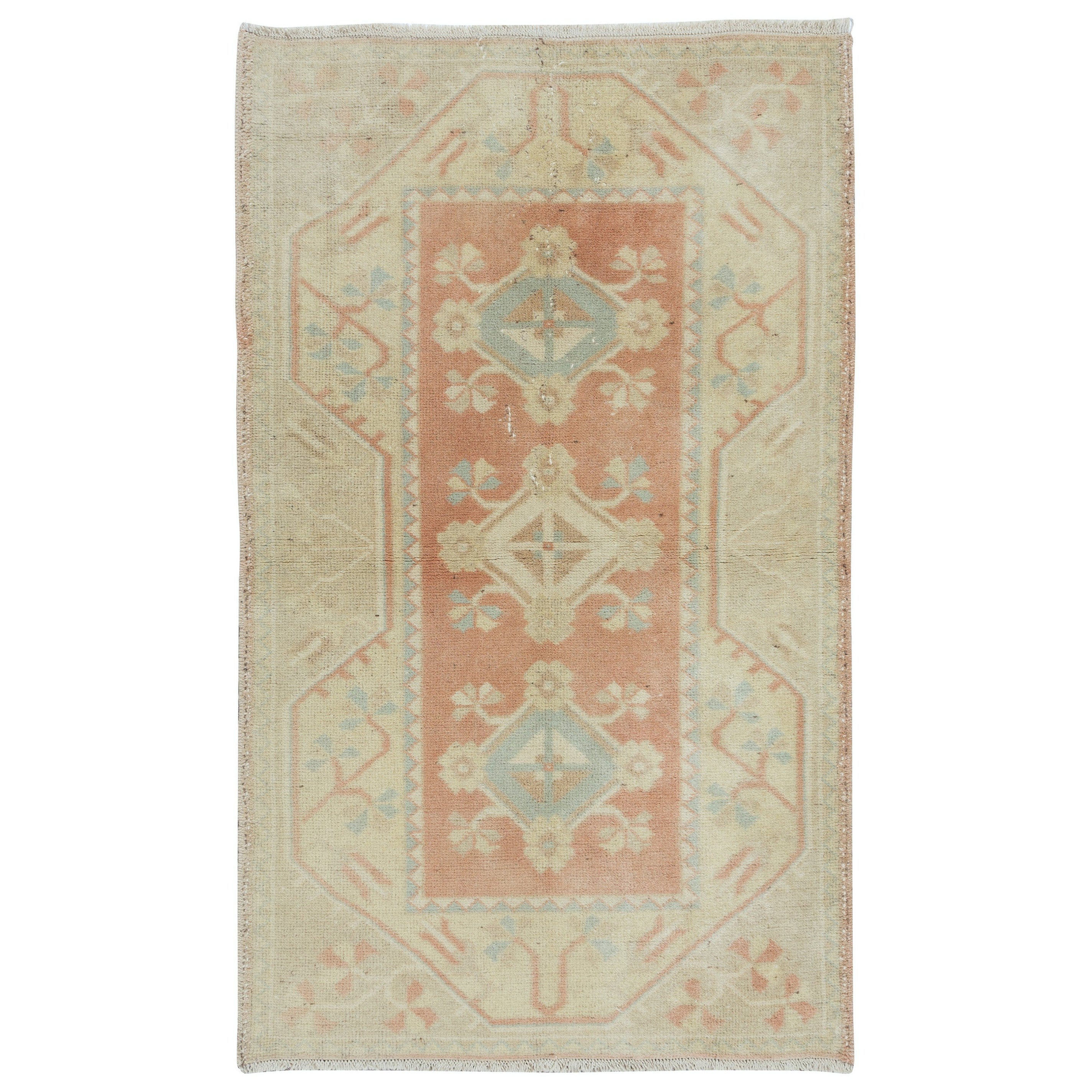 2.6x4.2 Ft Faded Vintage Handmade Turkish Milas Accent Rug in Soft Red & Beige For Sale