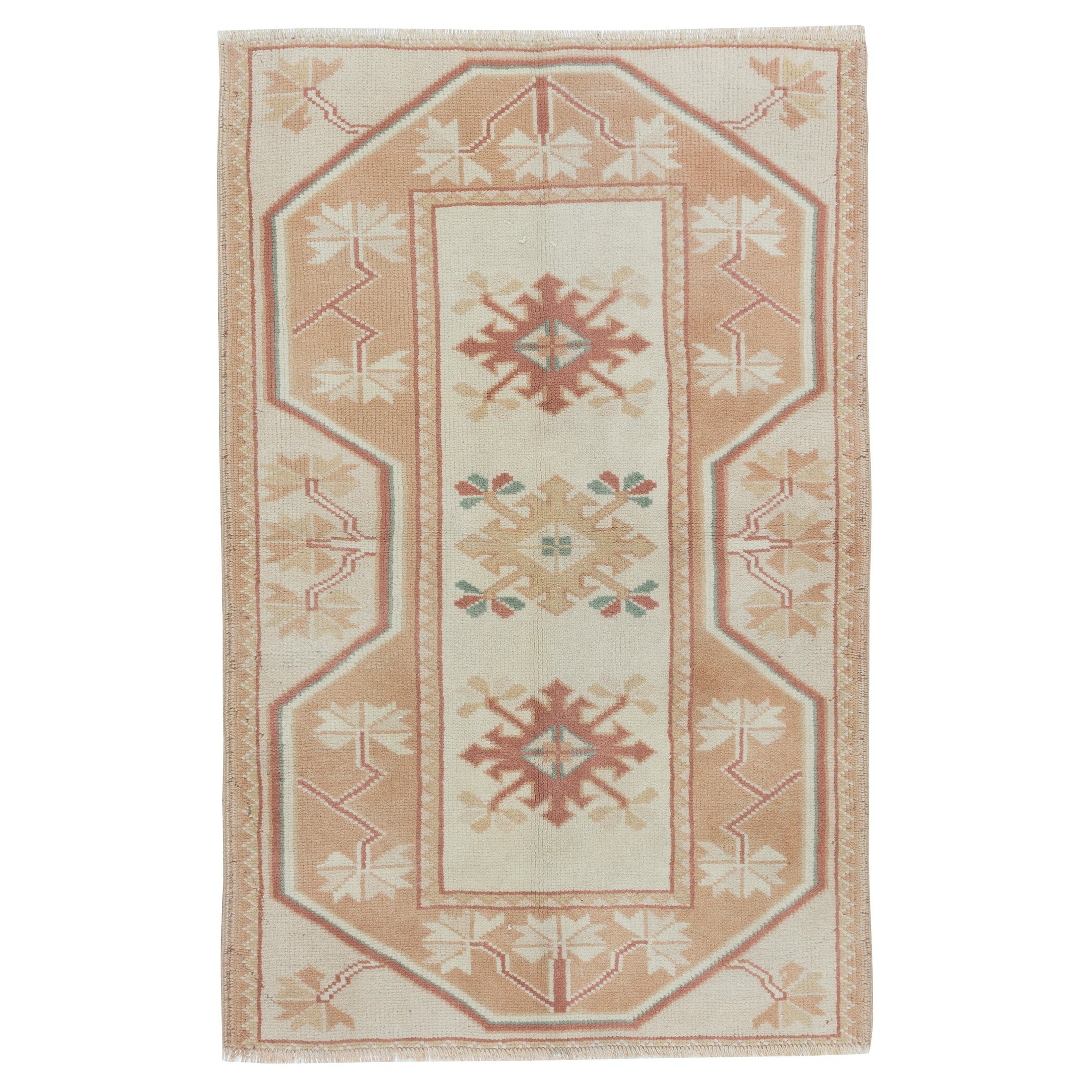 Geometrischer kleiner Vintage-Teppich mit 2,7x4 Fuß, handgefertigter Akzentteppich, türkischer Türteppich im Angebot