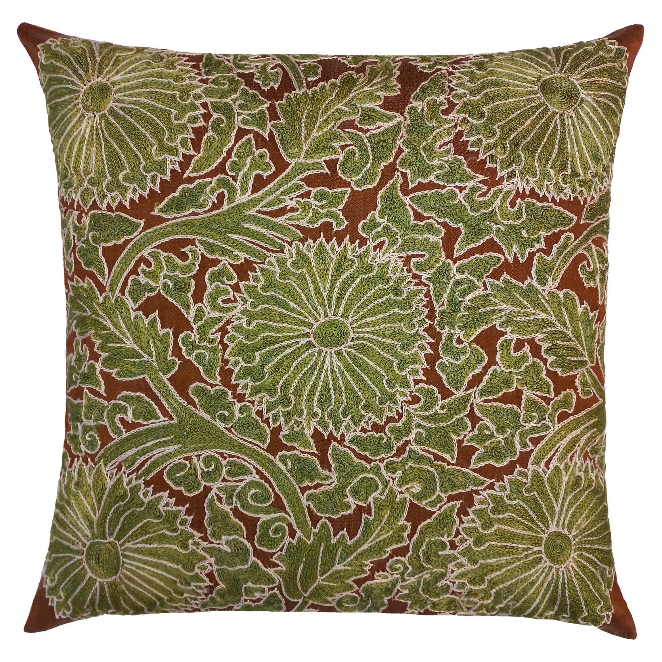 19"x19" Uzbek Suzani Cushion Cover Made of Silk, Hand Embroidered Brown & Green For Sale