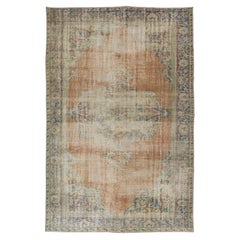 Tappeto Anatolian Oushak fatto a mano, sbiadito dal sole, anni '50, Tappeto di lana Shabby Chic