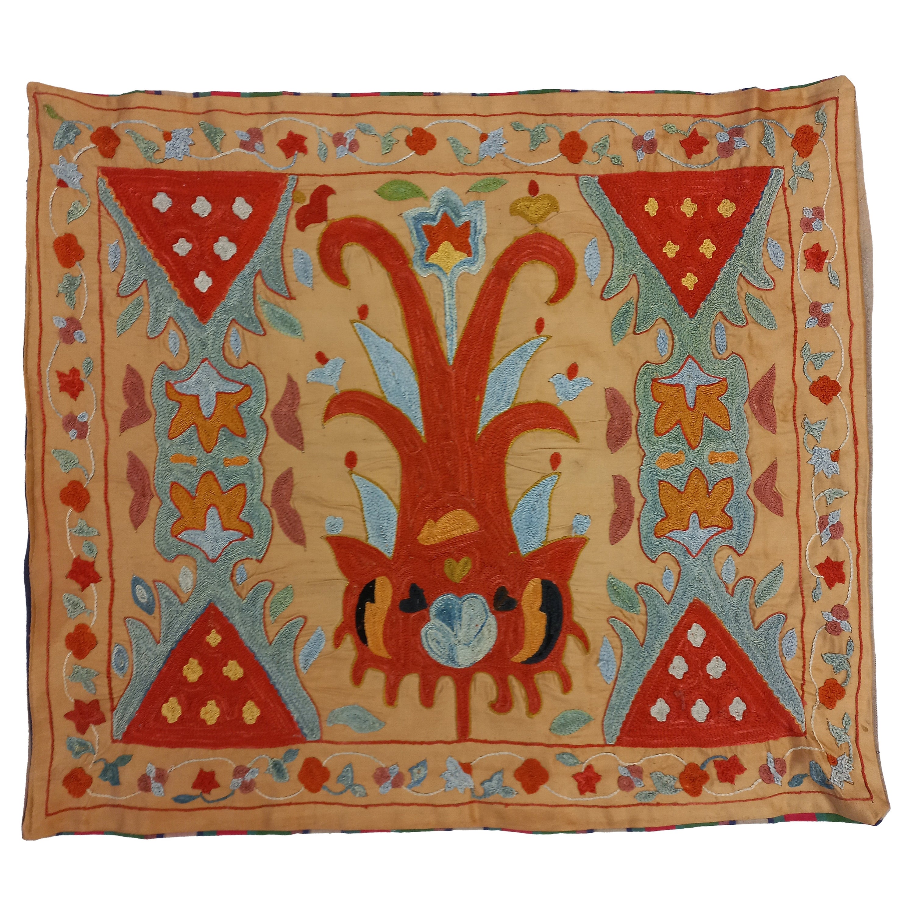 21"x23" Suzani Embroidered Cushion Cover, 100% Silk Pillow, Uzbek Pillow Sham For Sale